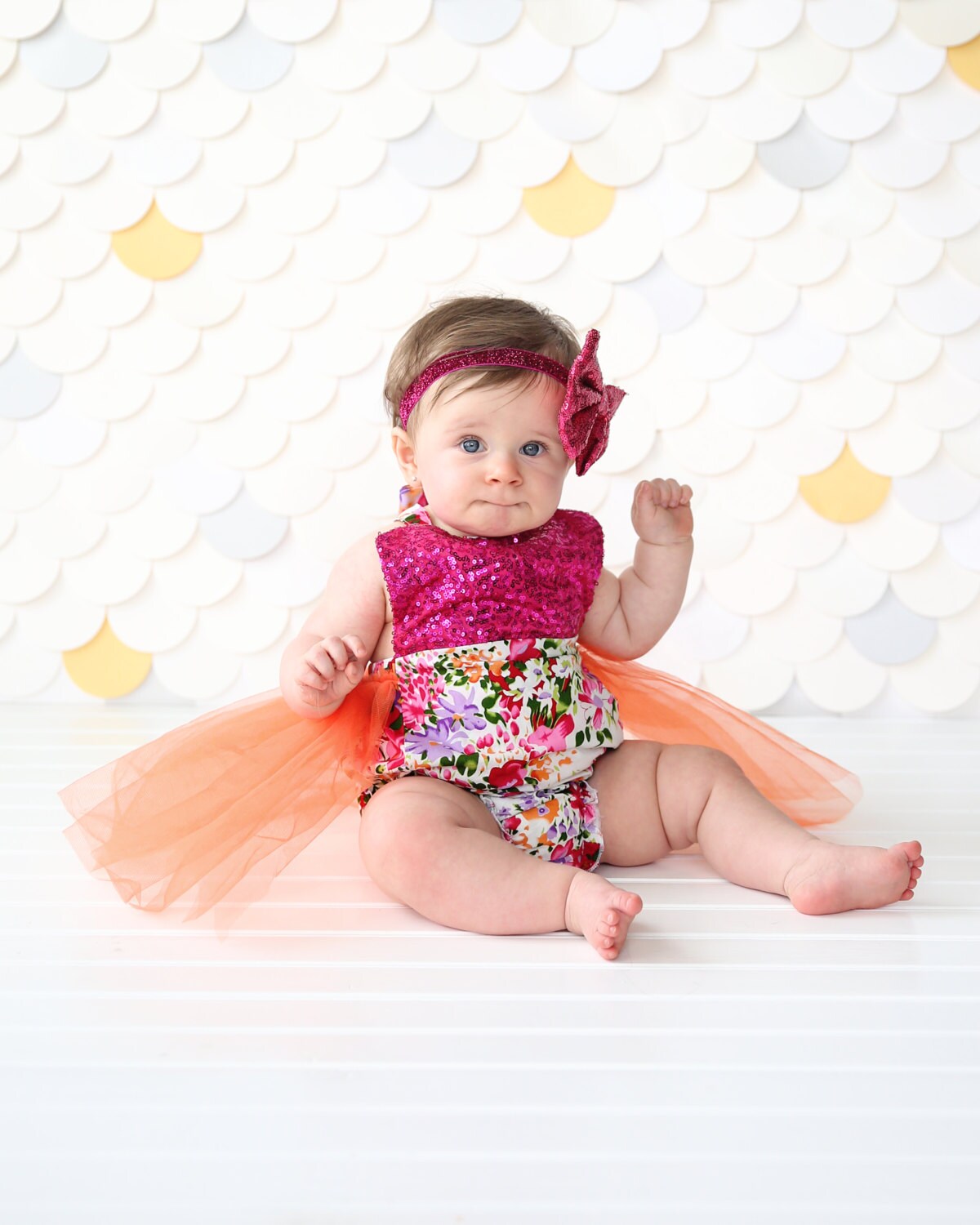 Romper - Tulle skirted, Skirted, Sequin Top Romper - Sequin Romper - Princess Romper - Birthday Romper - Photoshoot - Hot Pink Flower Romper