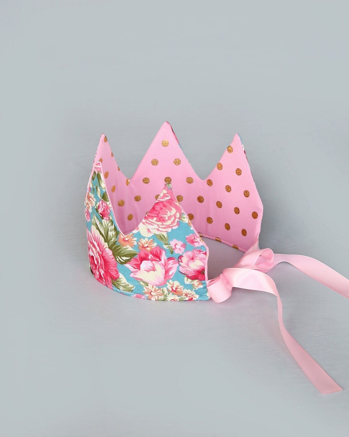 Dress Up Crown - Sequin Crown - Birthday Crown - Pink and Gold Polka Dot Crown Reverse Teal Floral - Fits all