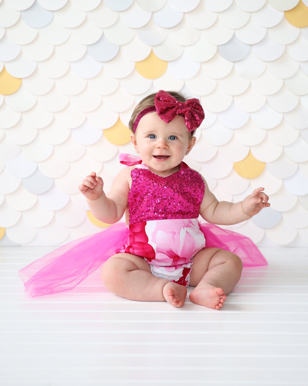 Romper - Tulle skirted, Skirted, Sequin Top Romper - Sequin Romper - Princess - Birthday Romper - Photoshoot - Hot Pink Sequin Flower Romper