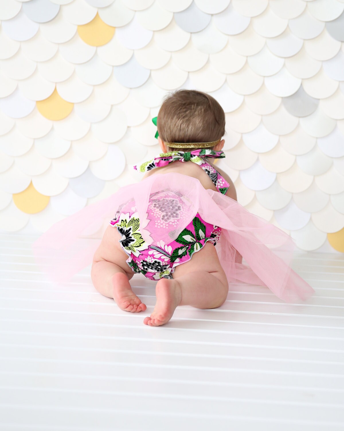 Romper - Tulle skirted, Skirted, Sequin Top Romper - Sequin Romper - Birthday Romper - Photoshoot - Pink and Green Sequin Flower Romper