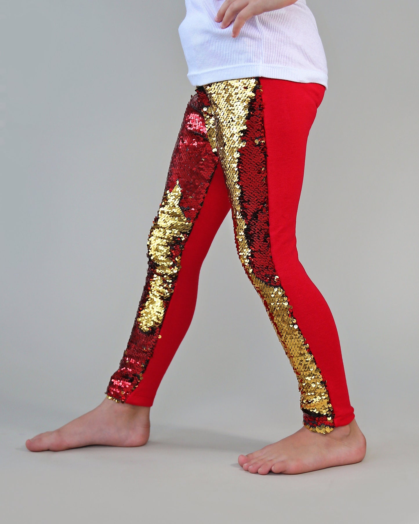 Flip Sequin Leggings in Red and Gold