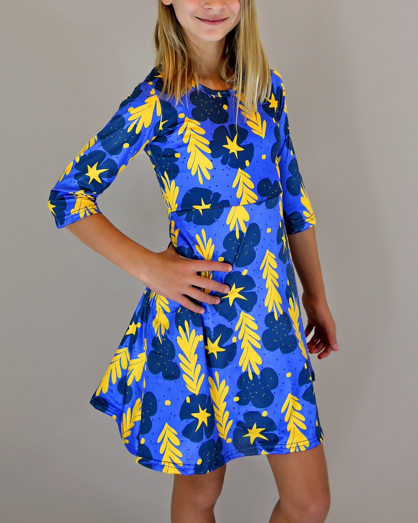 A-Line Dress - Girls Dress - Twirly Dress - Birthday Dress - Party Dress - Blue and Yellow Floral Dress