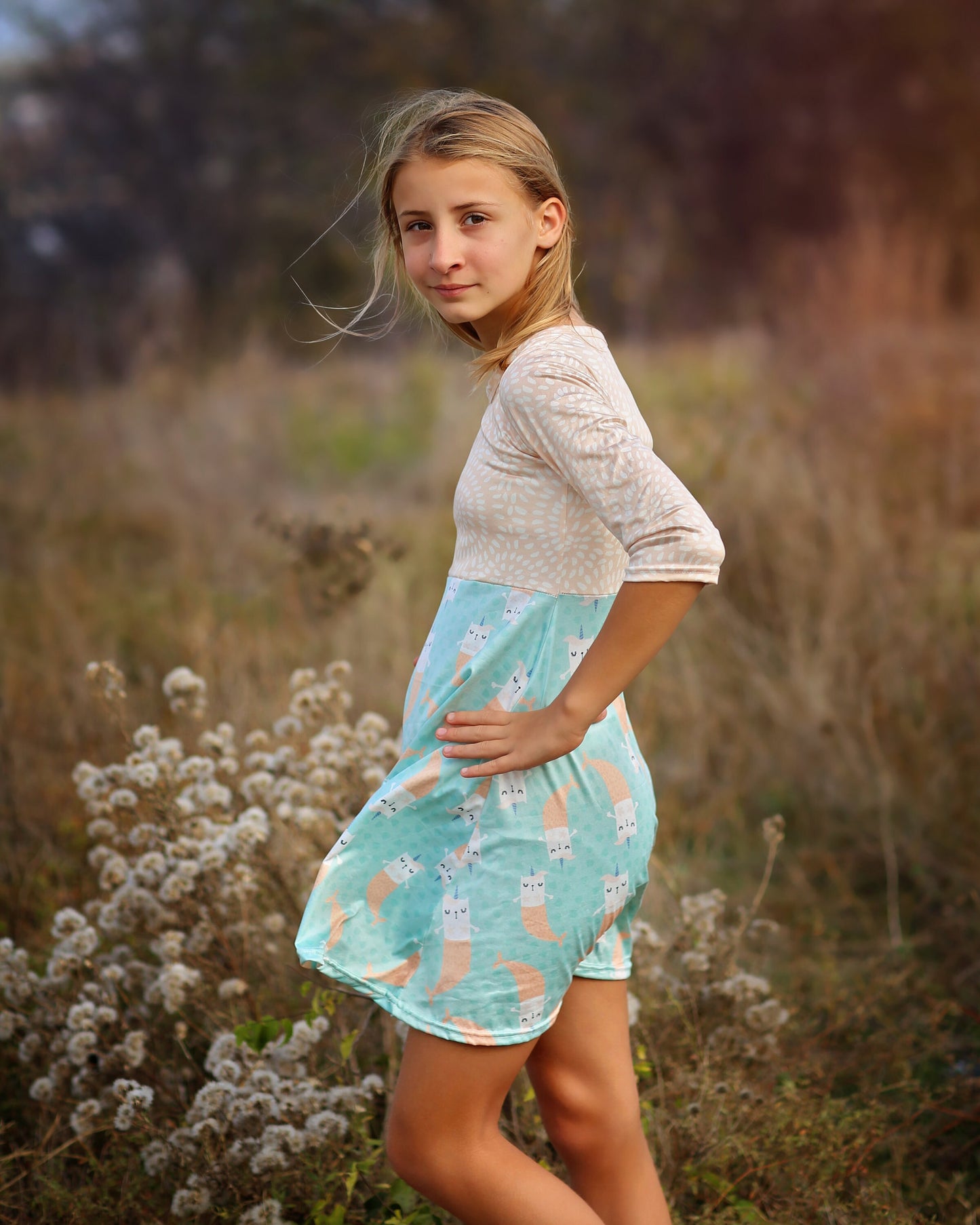 A-Line Dress - Girls Dress - Twirly Dress - Birthday Dress - Party Dress - Aqua and Peach Kitten Mermaid Dress