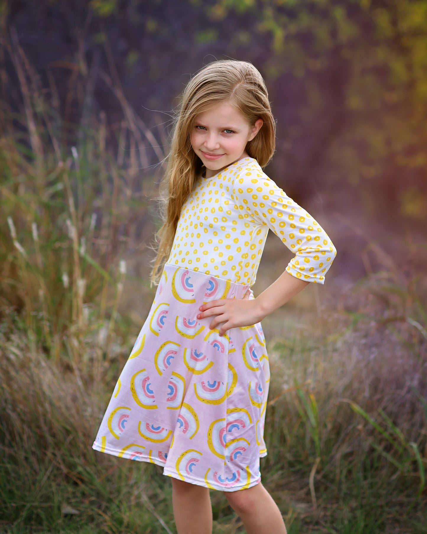 A-Line Dress - Girls Dress - Twirly Dress - Birthday Dress - Party Dress - Pink Yellow Rainbow Dress