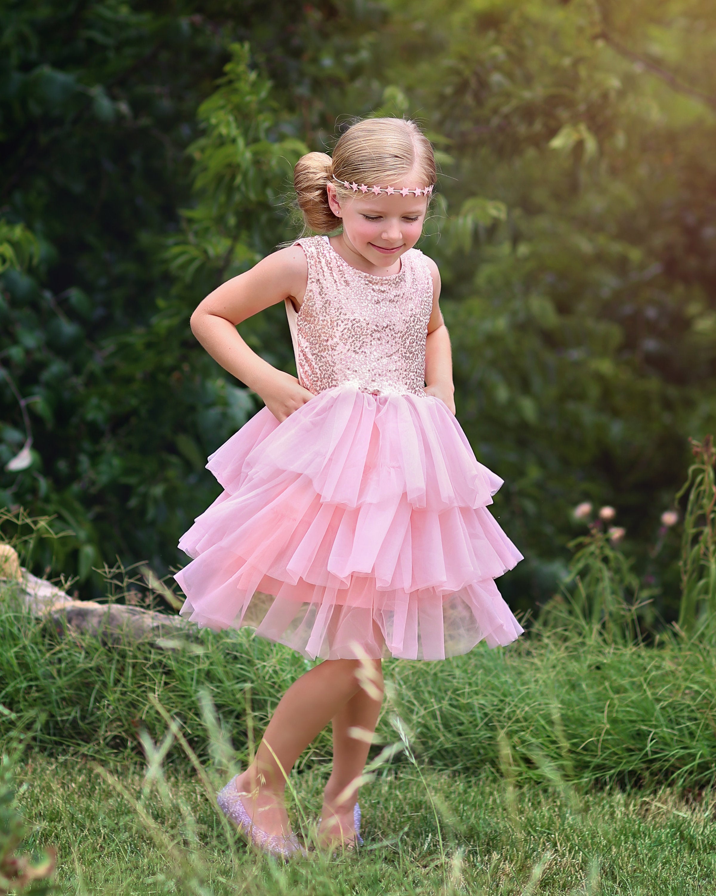 open lace back dress Sequin Tutu Dress in Blush and Rose