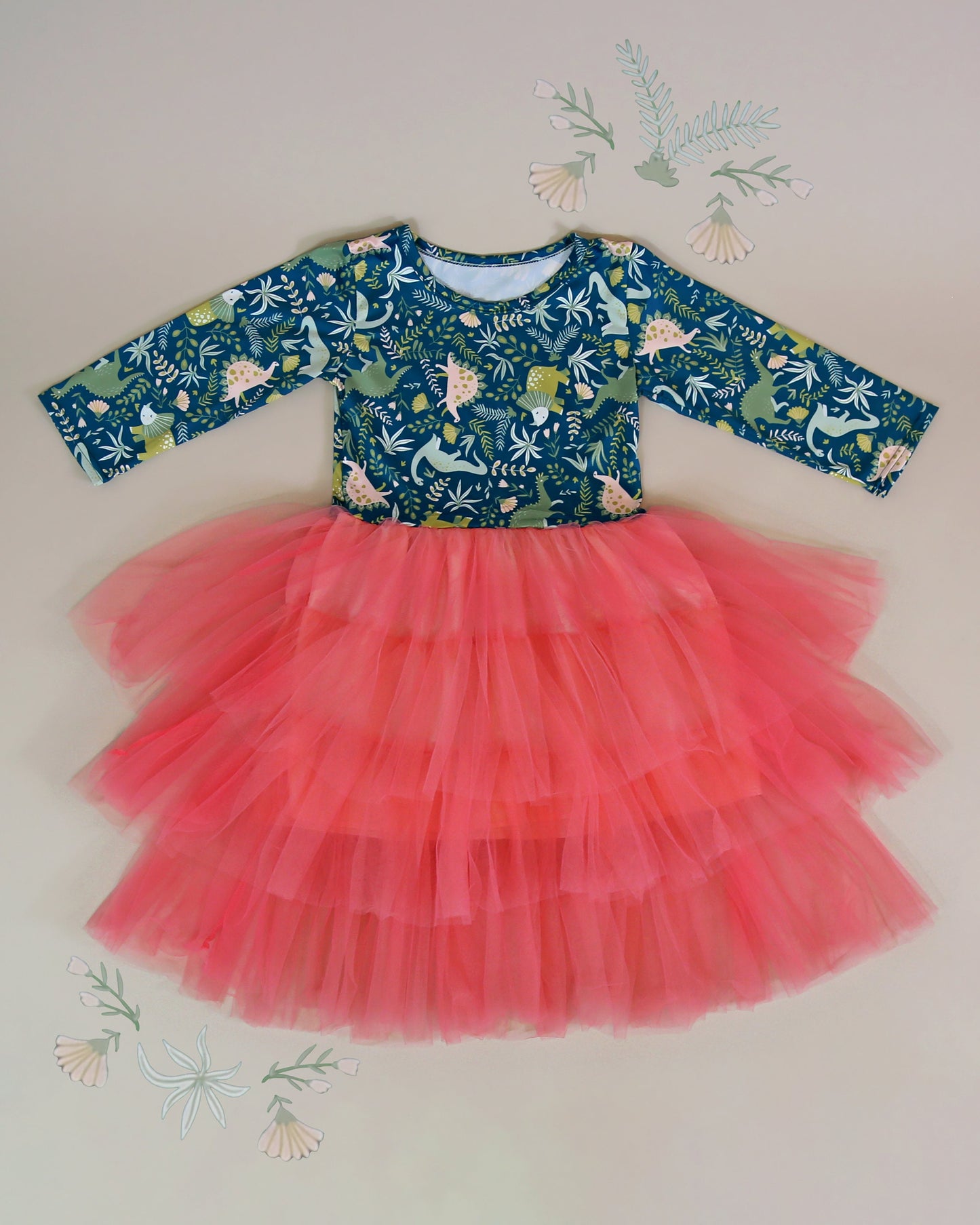 3/4 Sleeve Tutu Dress in Coral and Green Dinos