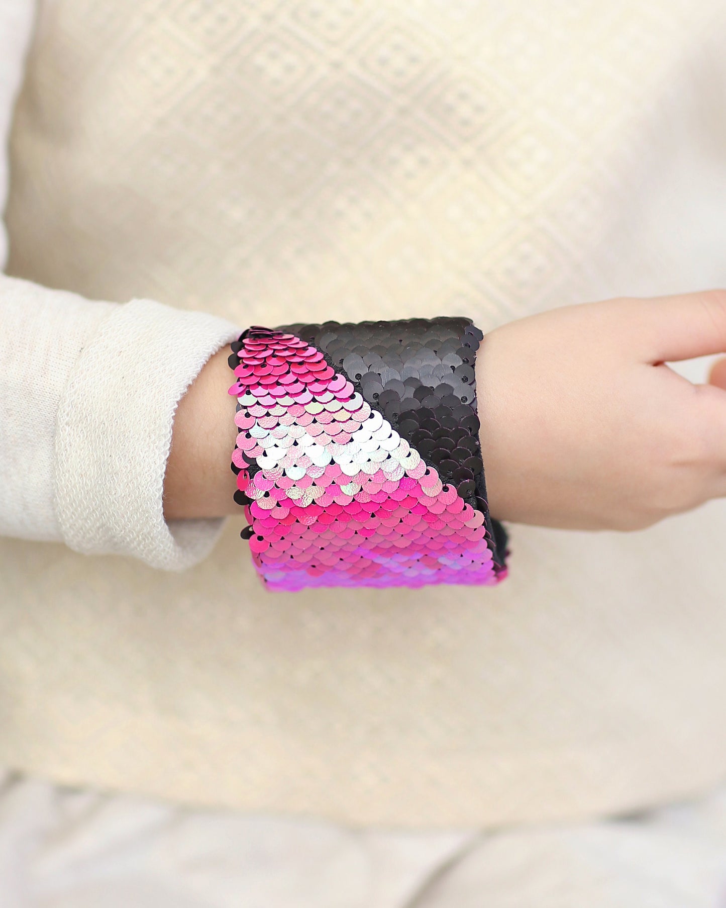 Magic Sequin Bracelet - Sequin Bracelet - Reversible Sequin Bracelet - Sequin Cuff- Black and Hot Pink Bracelet
