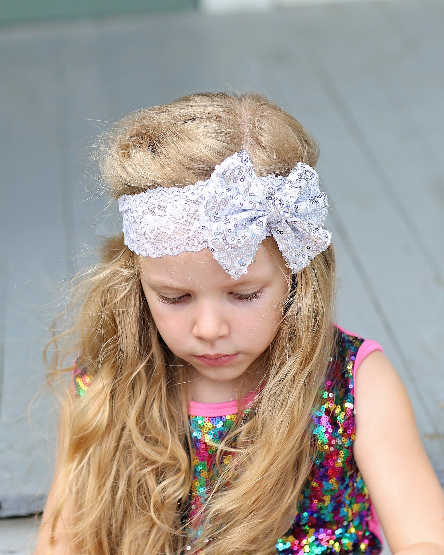 Silver Sequin Bow on Lace Headband - Silver Sequin Headband - Silver Bow