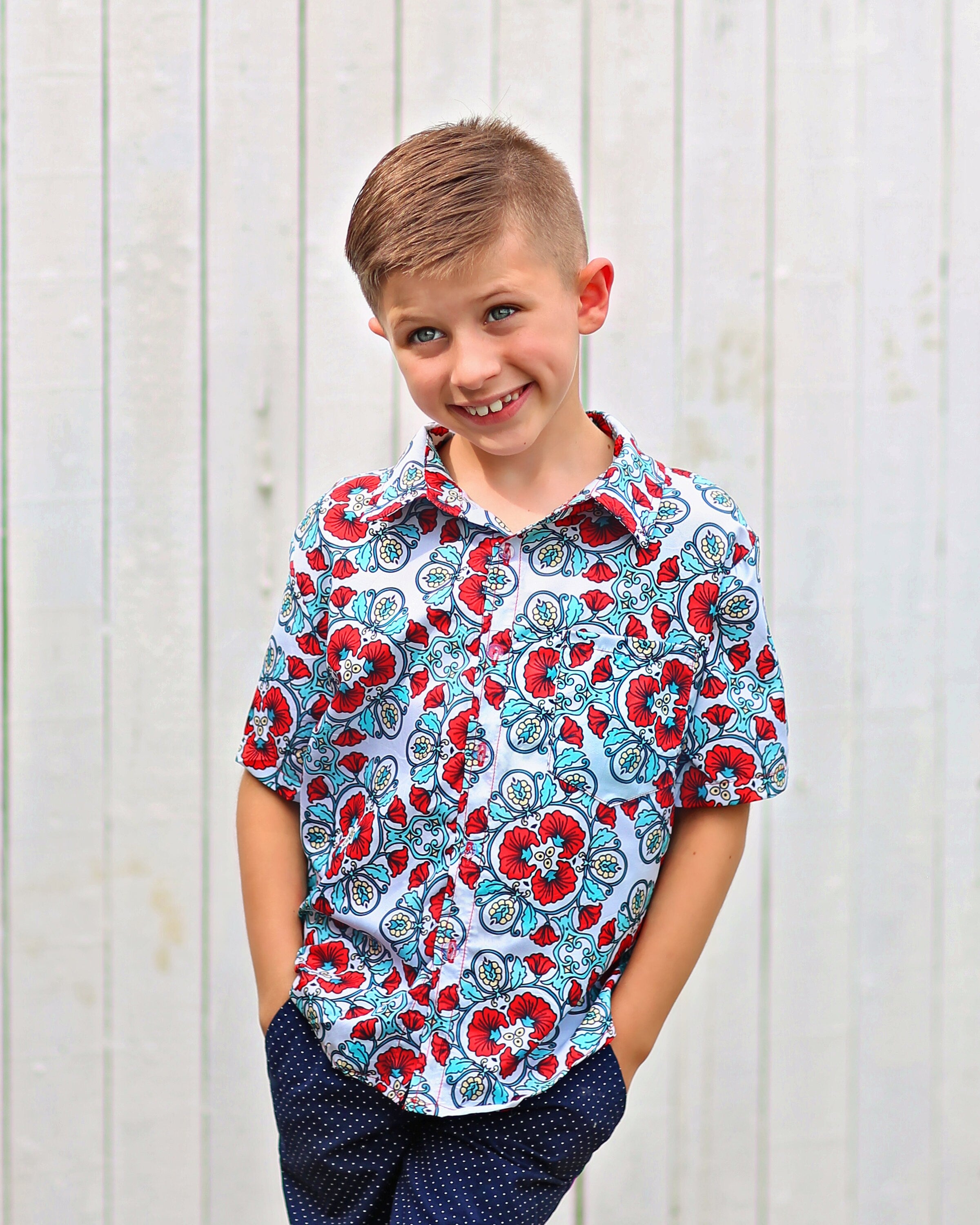 Boys Geometric Red and Aqua Floral Button up Shirt