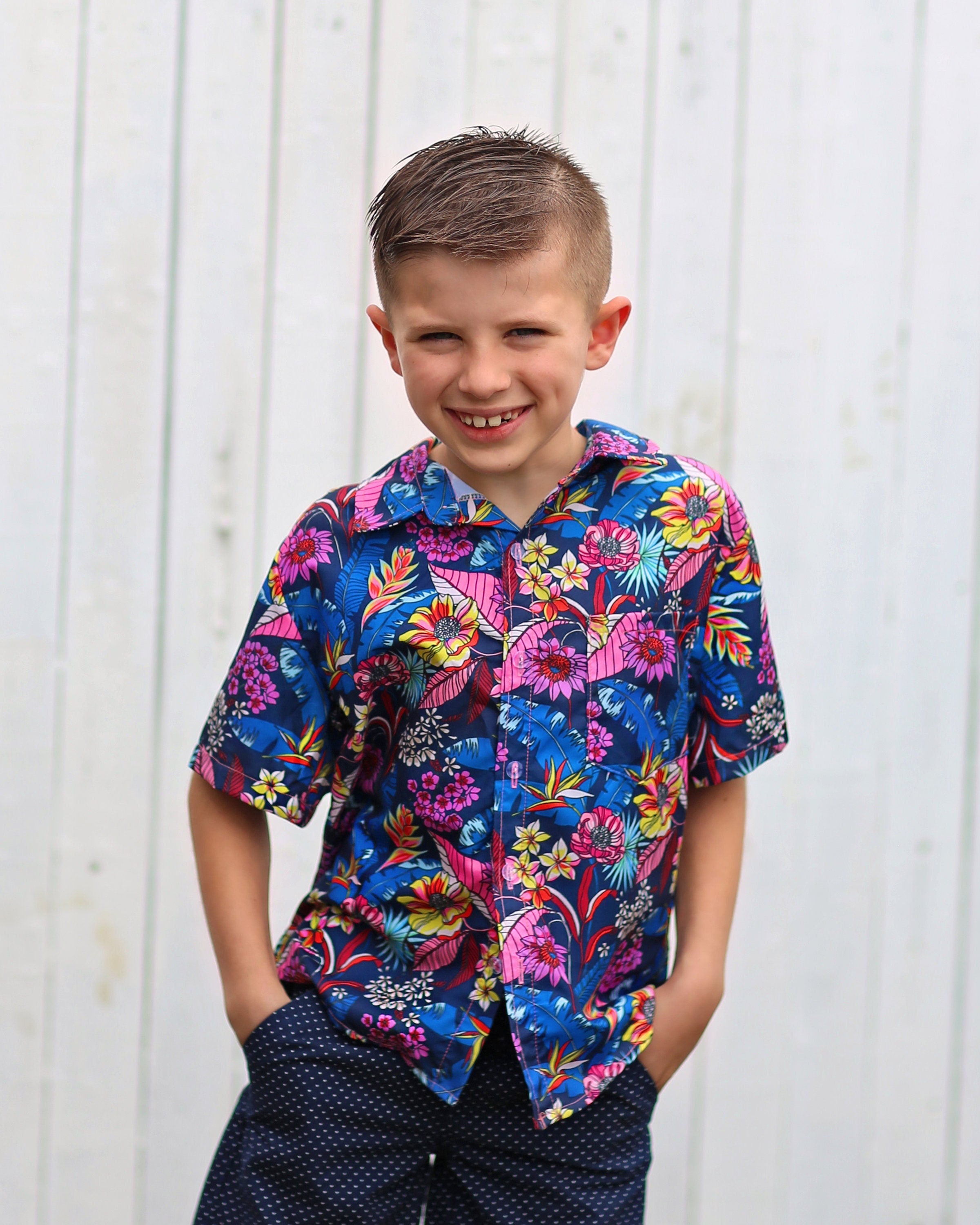 boys floral dress shirt Boys Neon Blue and Pink Floral Button up Shirt - Boys Button Shirt