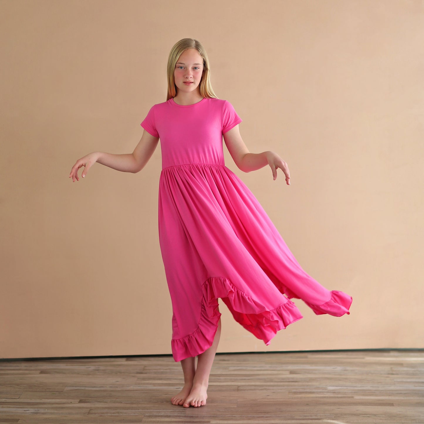 Hot Pink Boho Dress - Long Ruffle Dress - High-low Hem Ruffle Dress - Full Skirt Red Dress - Hot Pink Twirly Dress