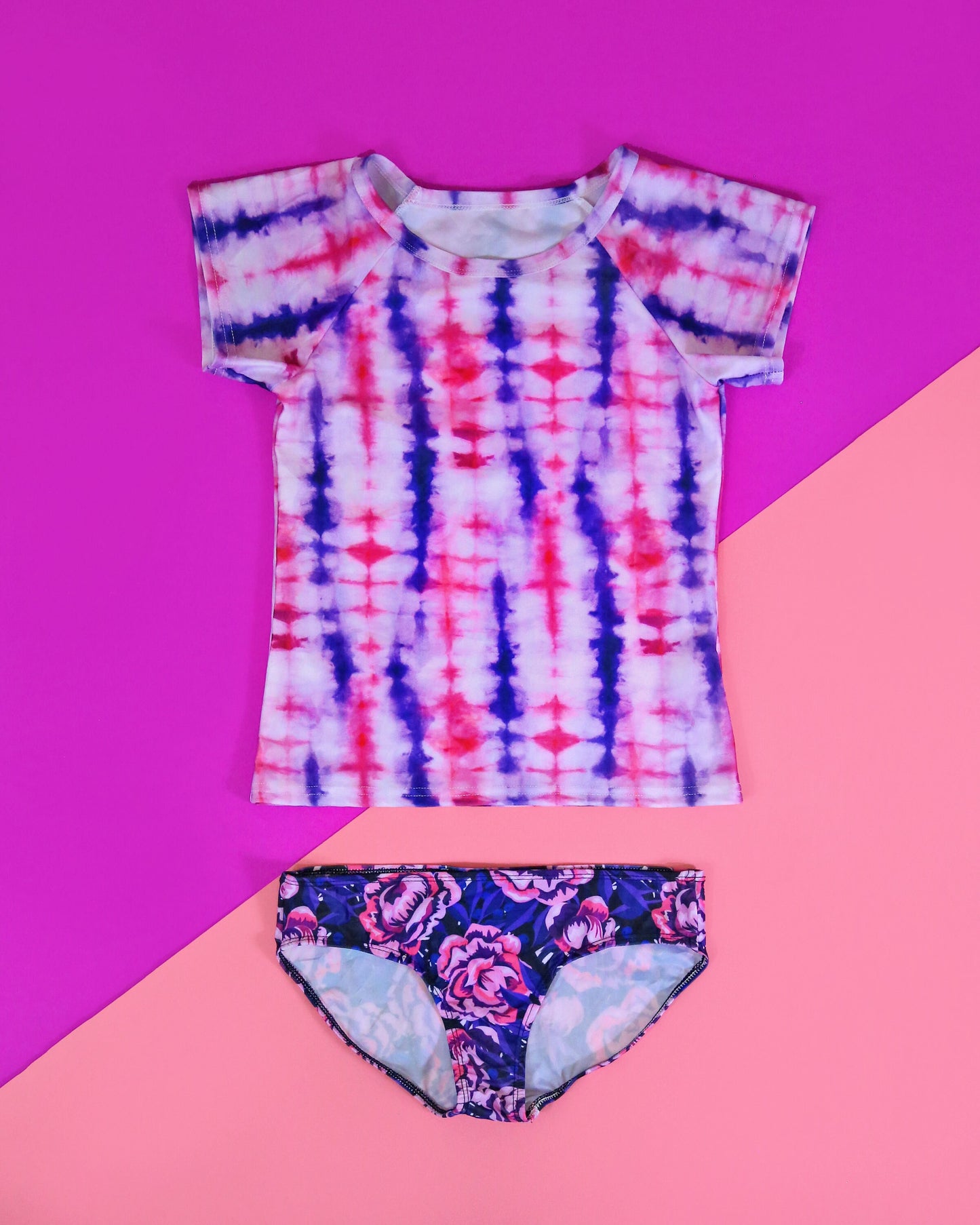 Pink and Purple Tie Dye Swimsuit - Rash Guard Swim Suit - Shirt Swim Suit - Roses Bathing Suit