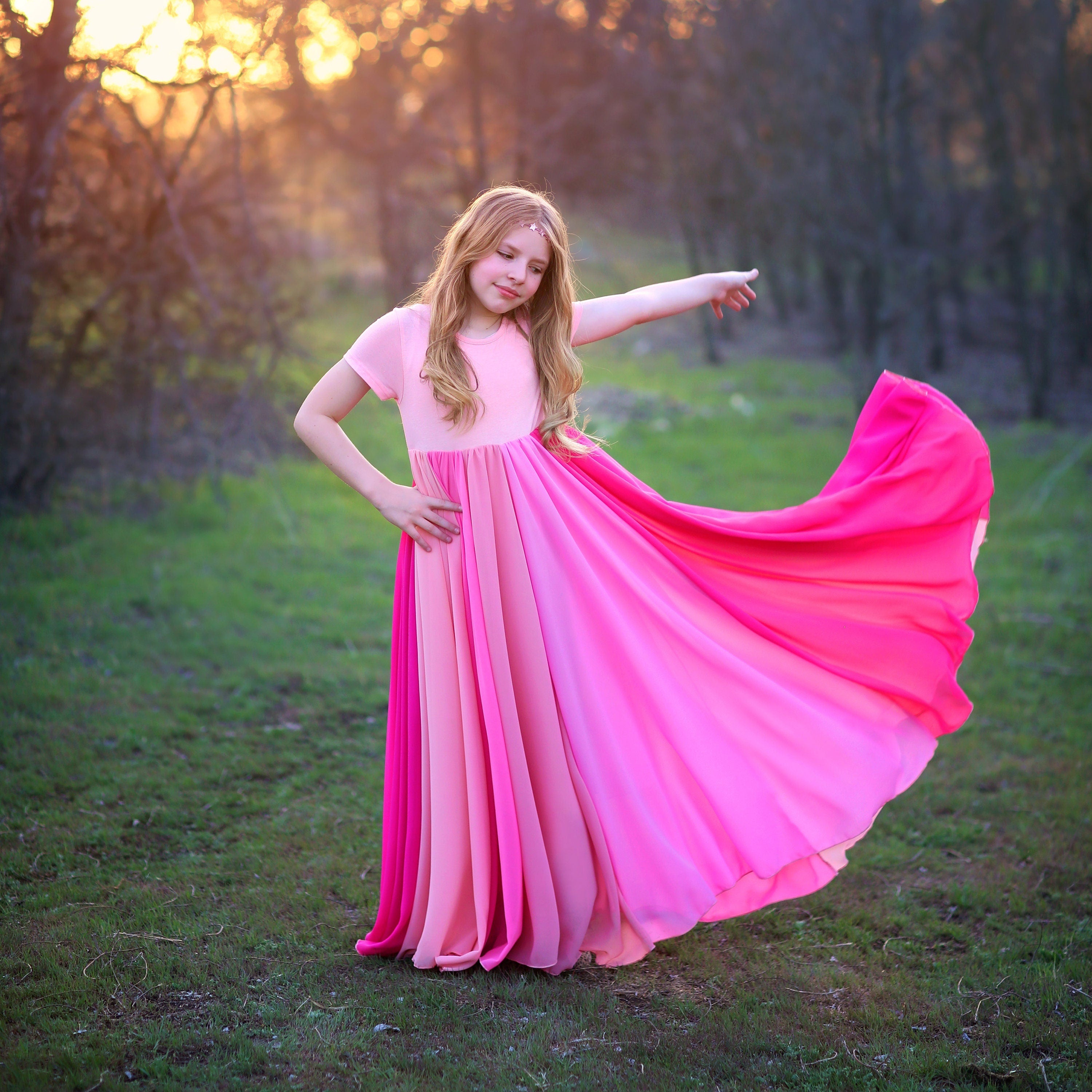 Shades of Pink Full Skirt Dress -Long Pink Dress -Pink Dress, Girls Bi Shades of Pink Full Skirt Dress -Long Pink Dress -Pink Dress, Girls Bi