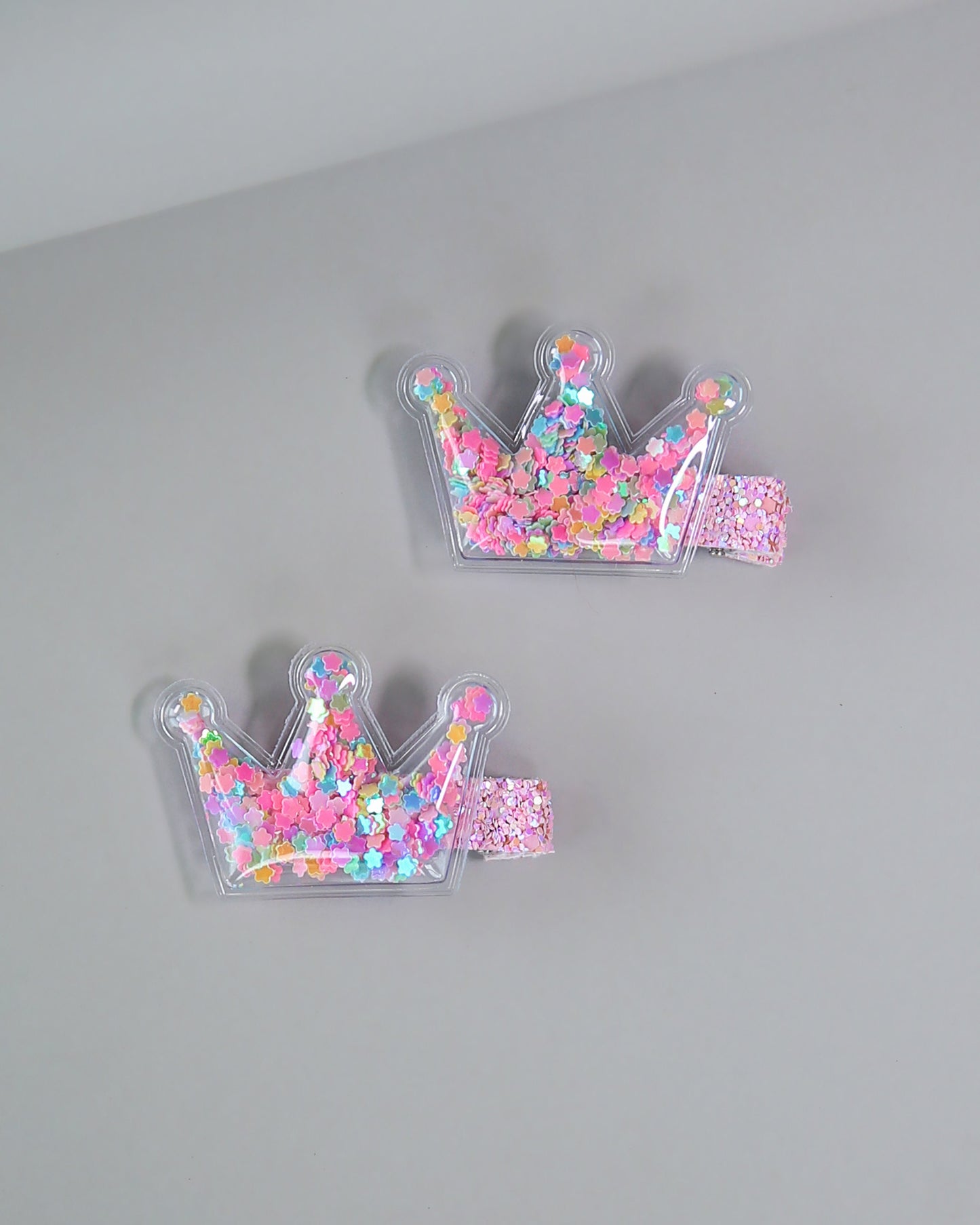 Crown Confetti Hair Clip Pair - Sequin Hair Clips - Confetti Hair Clips - Rainbow Hair Clips - Clear Shaker Hair Clips - Pigtail Clips
