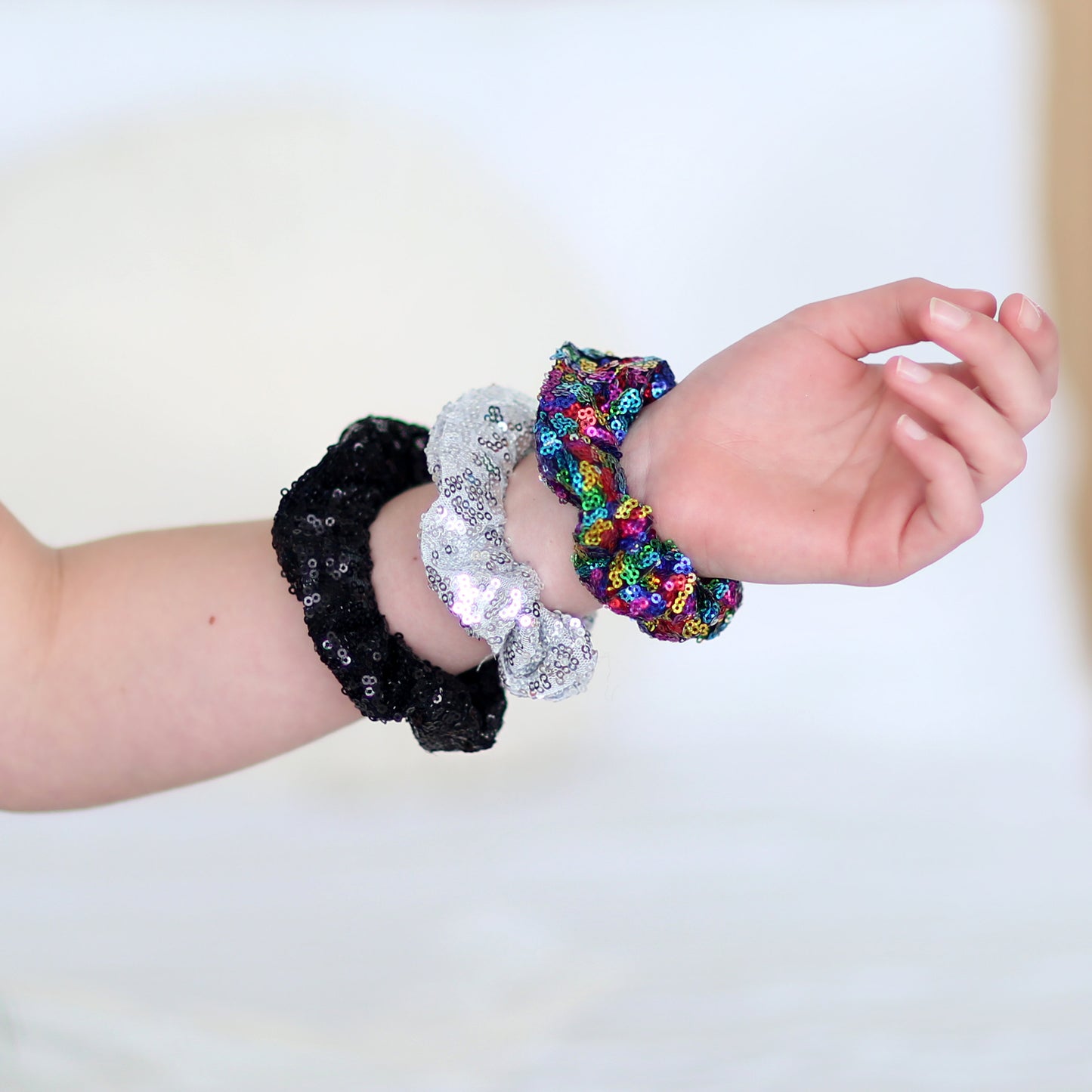 3 Sequin Hair Scrunchies - Scrunchie Set - Black, Silver and Rainbow Scrunchie set