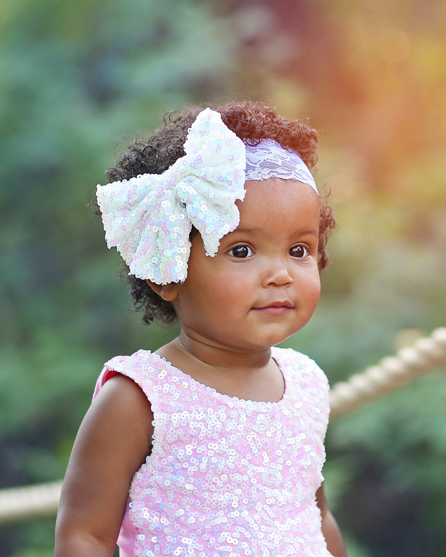White Sequin Bow on Lace Headband - Lilac Lace with White Sequin Headband
