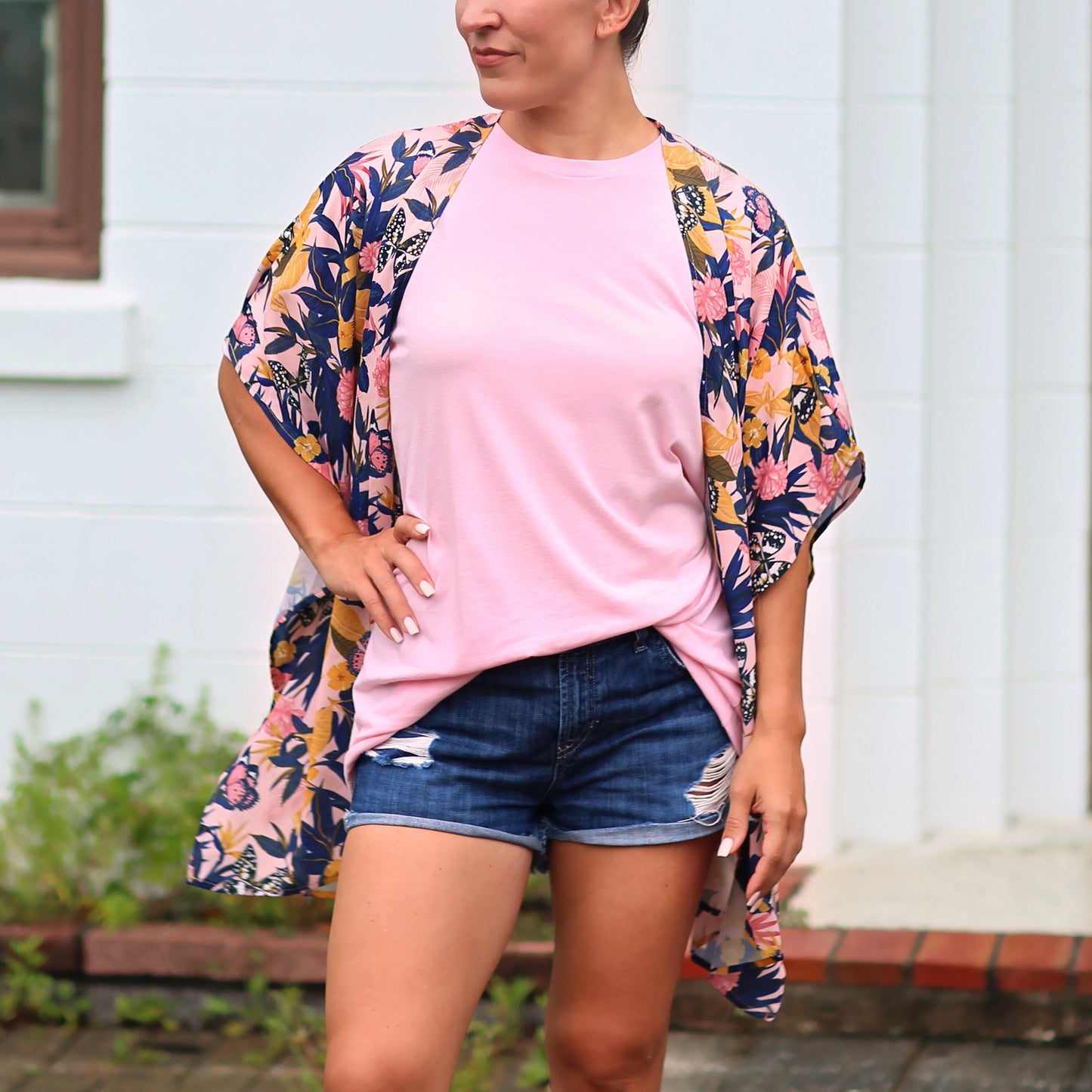 Pink and Navy Butterfly Kimono- kimono, open flower shirt, boho kimono, kimono shirt, girls kimono, jacket, cardigan, beach cover up, shirt