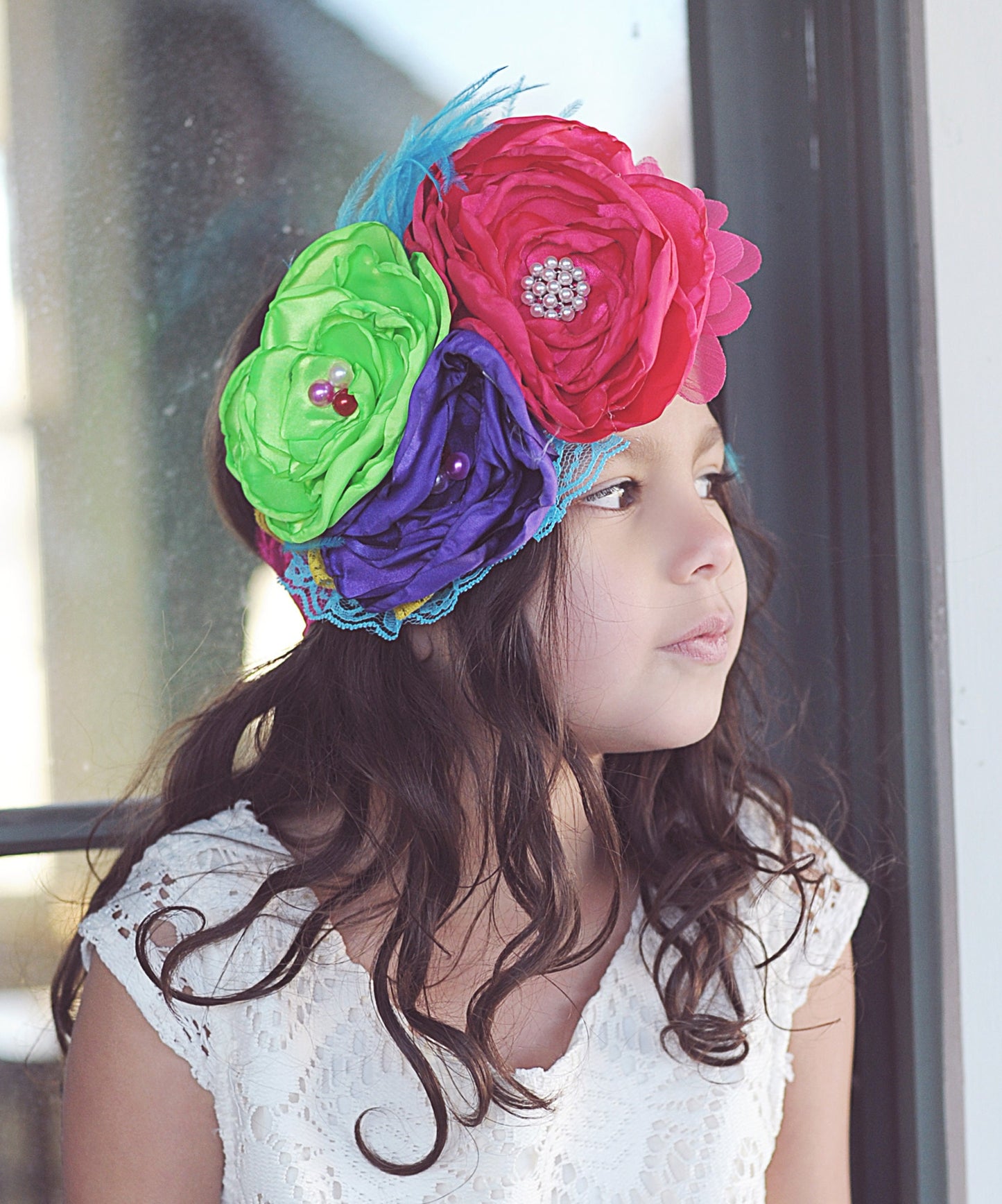 Lime, Purple, Hot Pink Large Flower Feather Headband- Floral Lace Bow, Flower Crown, Floral, Headpiece, Boho Headband, Boho Flower Crown