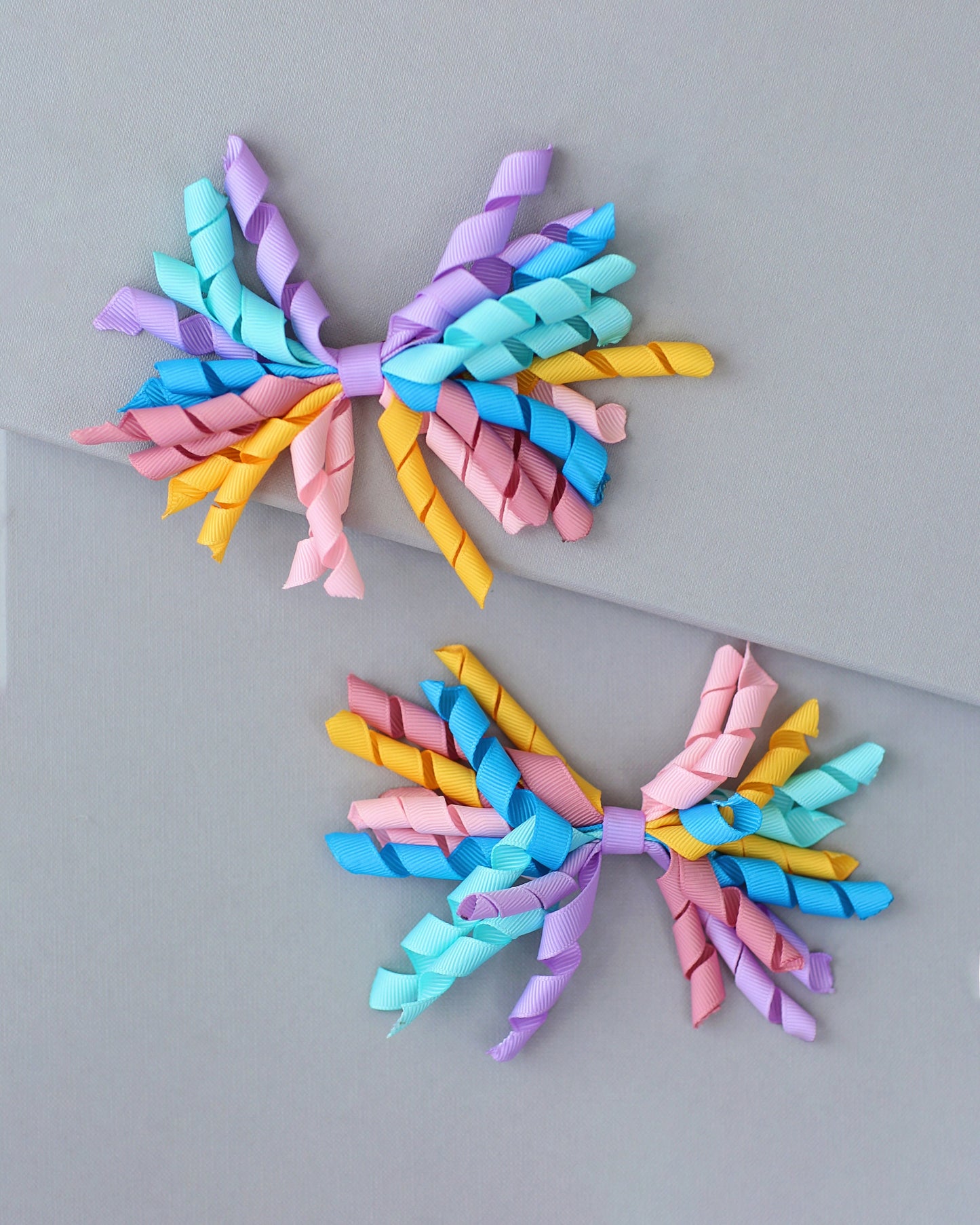 Pair of Pastel Curly Ribbon Hair Clips- hair bows, school hair bows, curly ribbon, rainbow bows, pair of bows, hair clips, hair ribbon, bow