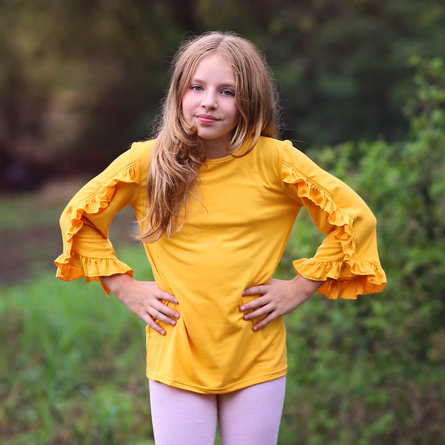 Girls Yellow Ruffled Sleeve Shirt- yellow shirt, yellow ruffled shirt, girls shirt, school shirt, gift for her tee, 3/4 sleeve ruffled shirt