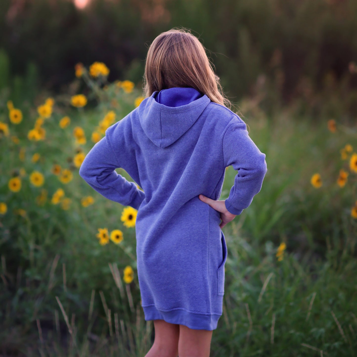 Girls Faded Blue Hoodie Dress- blue hoodie, blue hoodie dress, fall dress, basic hoodie dress, blue sweatshirt dress, blue jersey dress