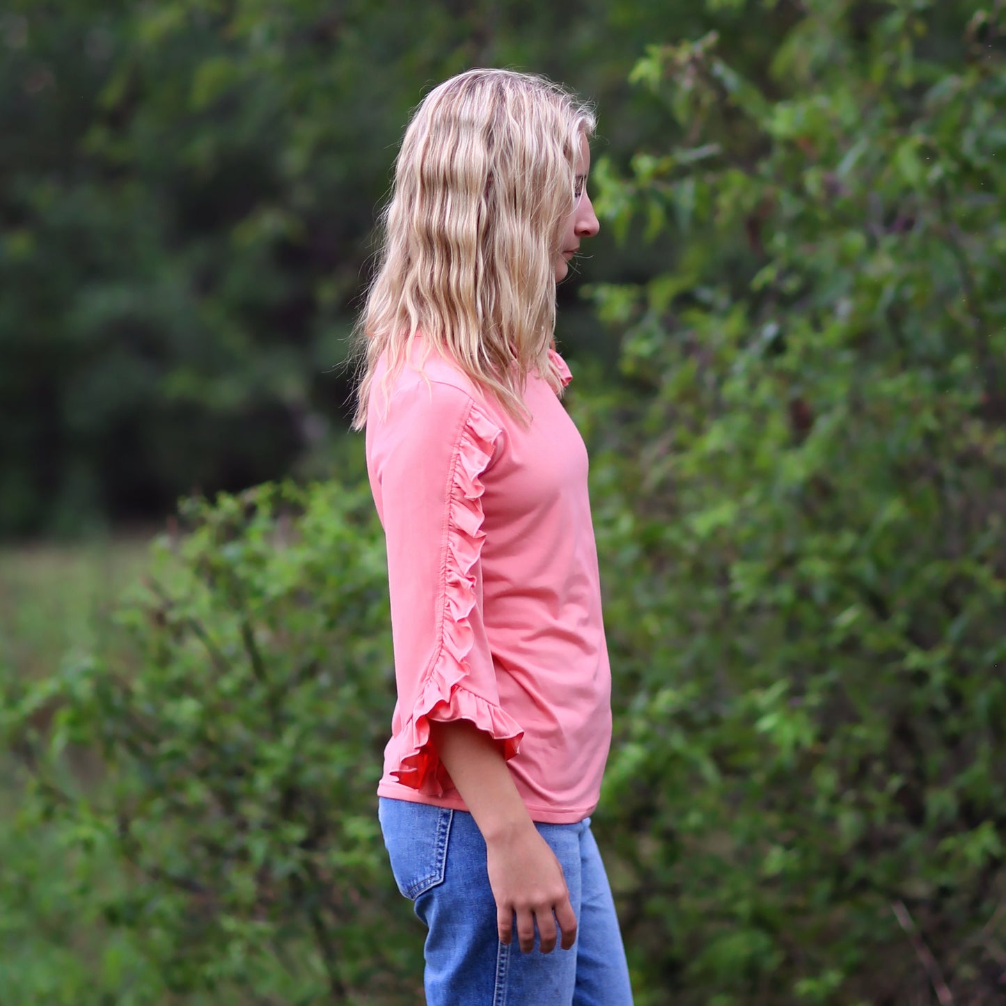 Girls Coral Ruffled Sleeve Shirt - coral shirt, pink shirt, ruffled shirt, girls shirt, school shirt, gift for her, 3/4 sleeve ruffled shirt