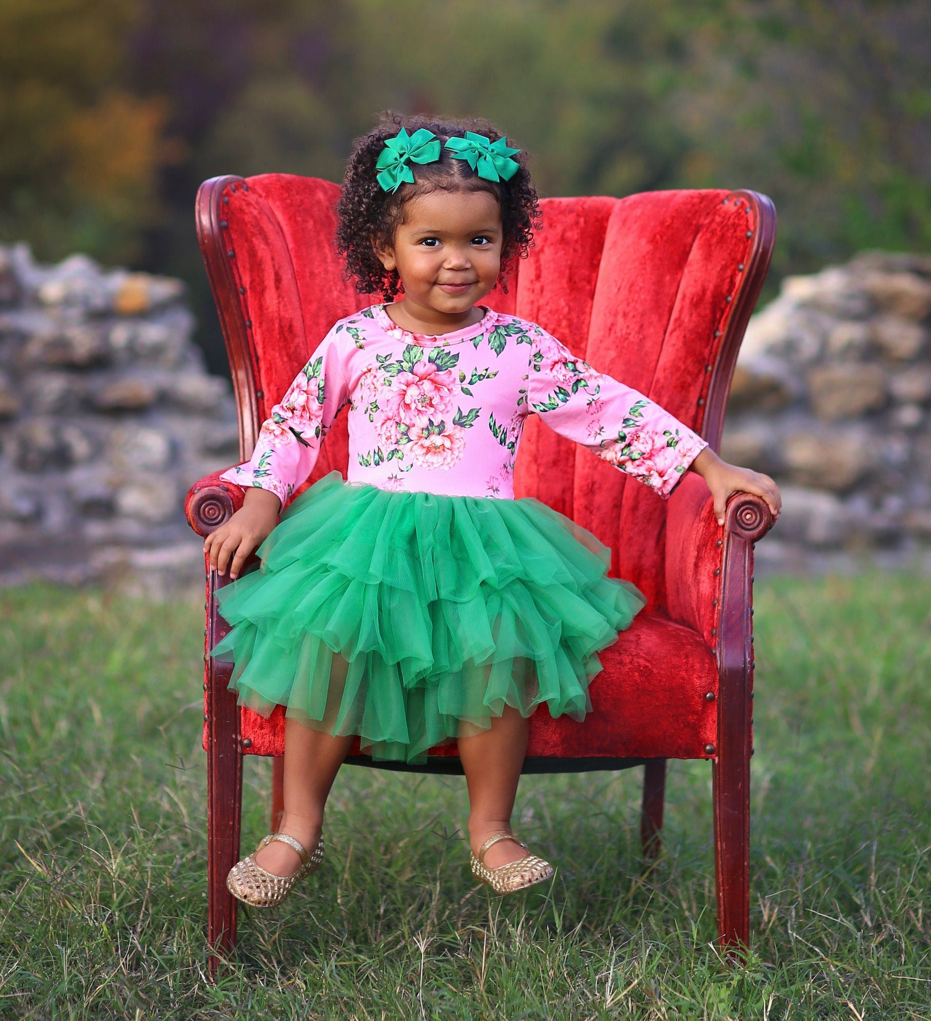 3/4 Sleeve Tutu Dress in Green and Pink Floral 3/4 Sleeve Tutu Dress in Green and Pink Floral