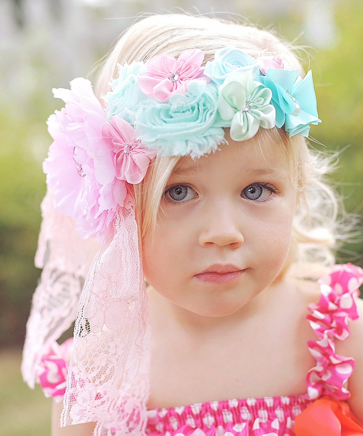 Girls Pink and Aqua Flower Headband - Flower Headband, Flower Crown, Flower Headpiece, Boho Flower Headband, Boho Flower Crown, Flower girl
