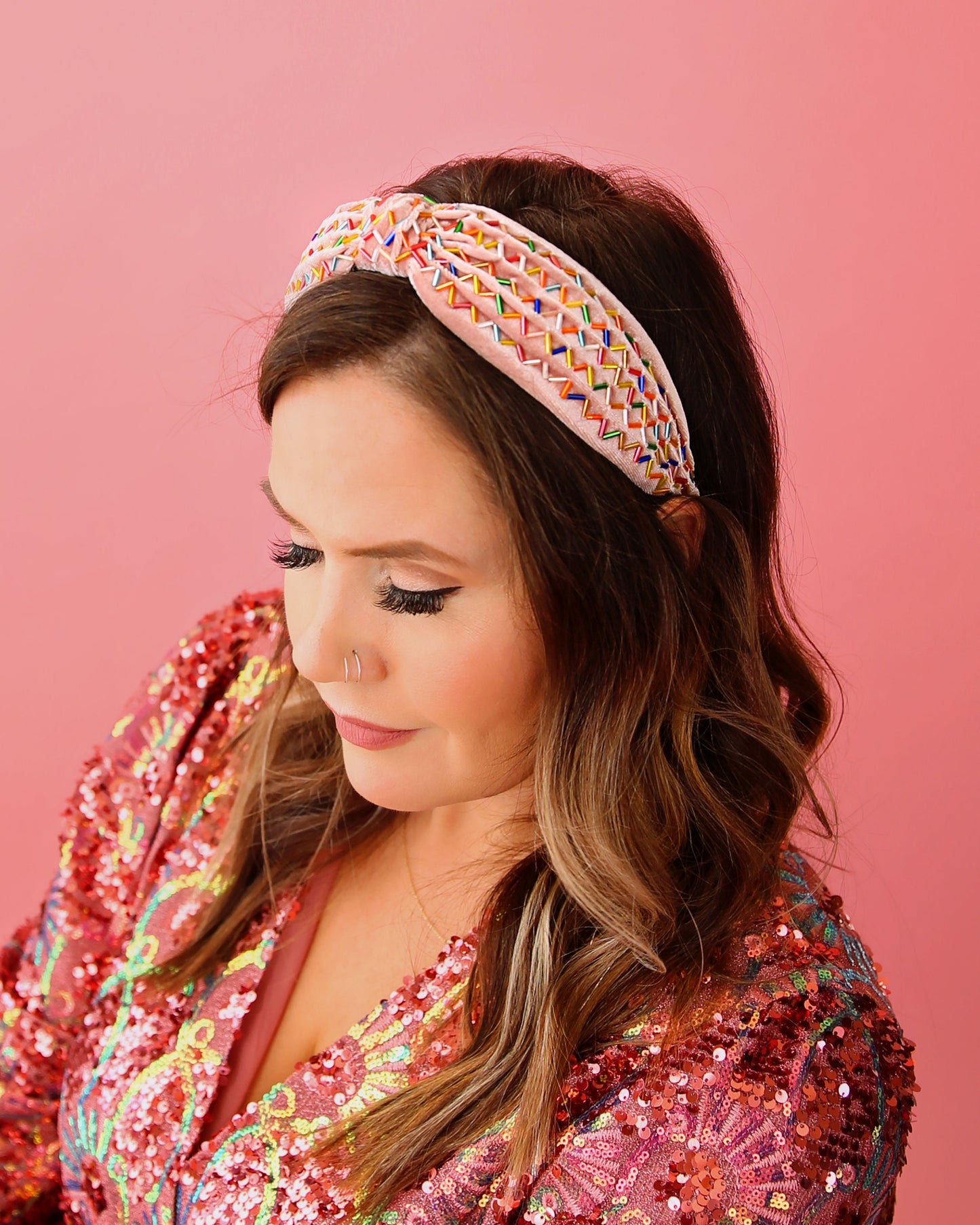 Blush and Rainbow Sprinkle Knotted Headband- knotted headband, birthday headband, birthday gift, birthday outfit, sprinkle headband, party