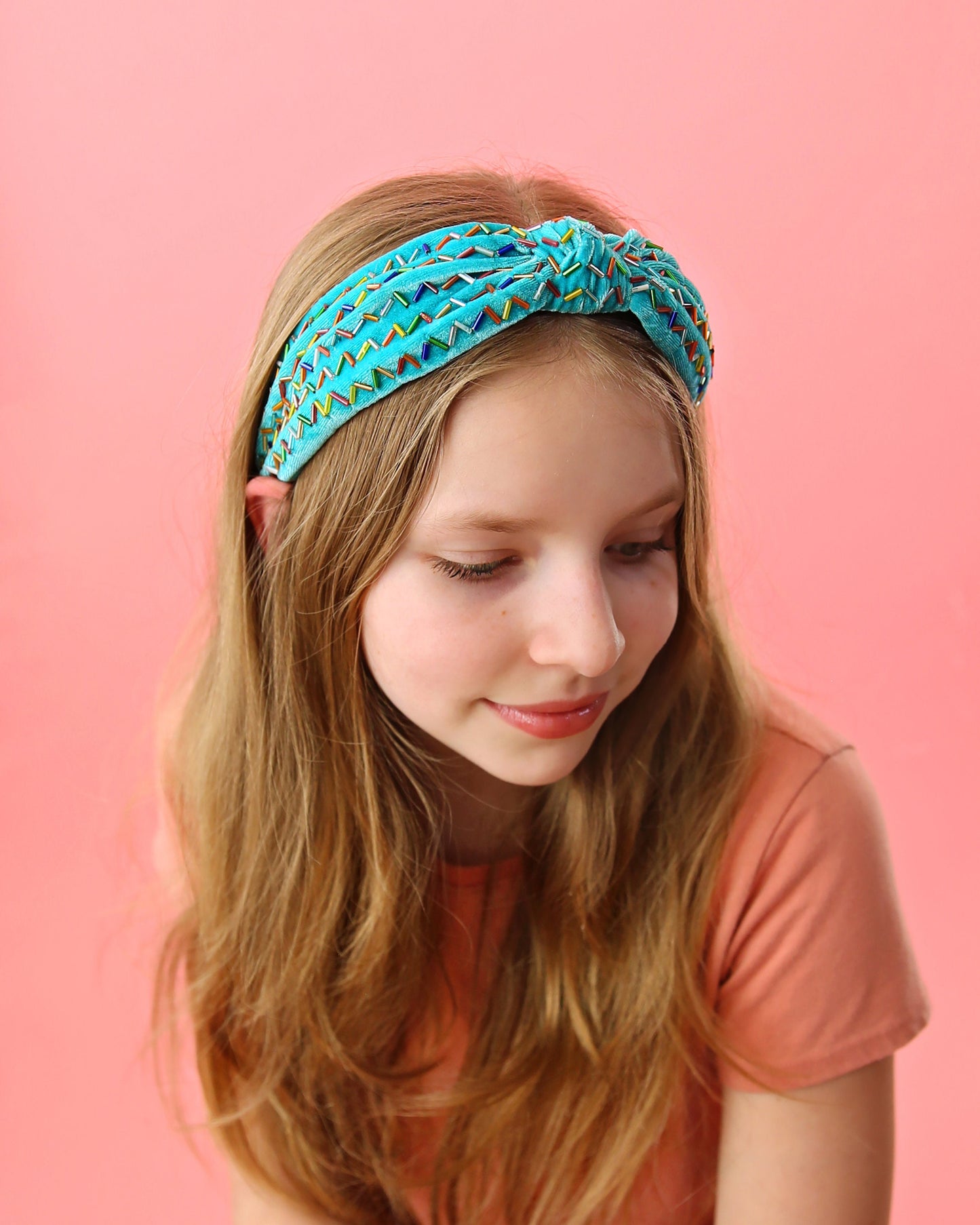 Aqua and Rainbow Sprinkle Knotted Headband- knotted headband, birthday headband, birthday gift, birthday outfit, sprinkle headband, party