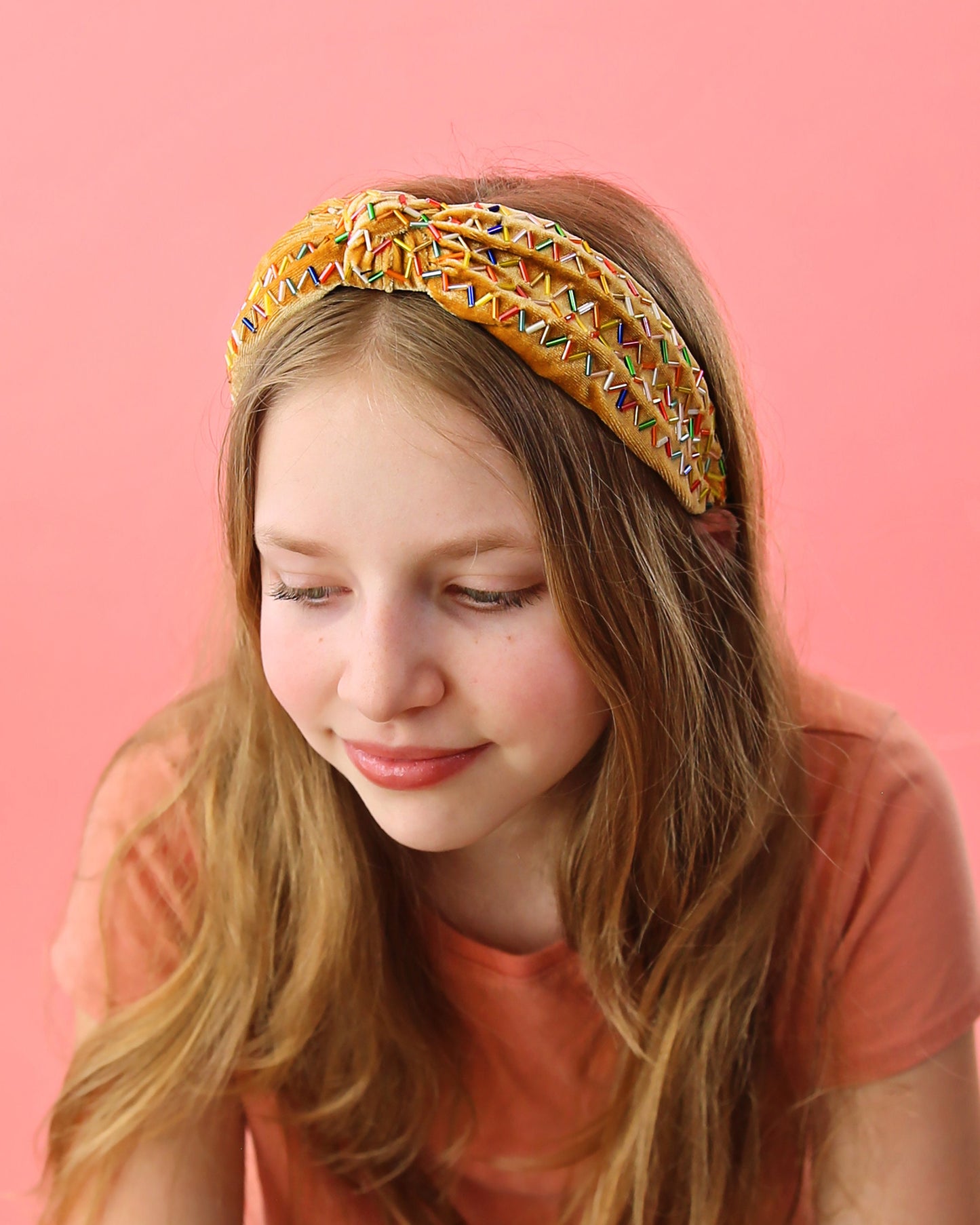 Tan and Rainbow Sprinkle Knotted Headband- knotted headband, birthday headband, birthday gift, birthday outfit, sprinkle headband, party