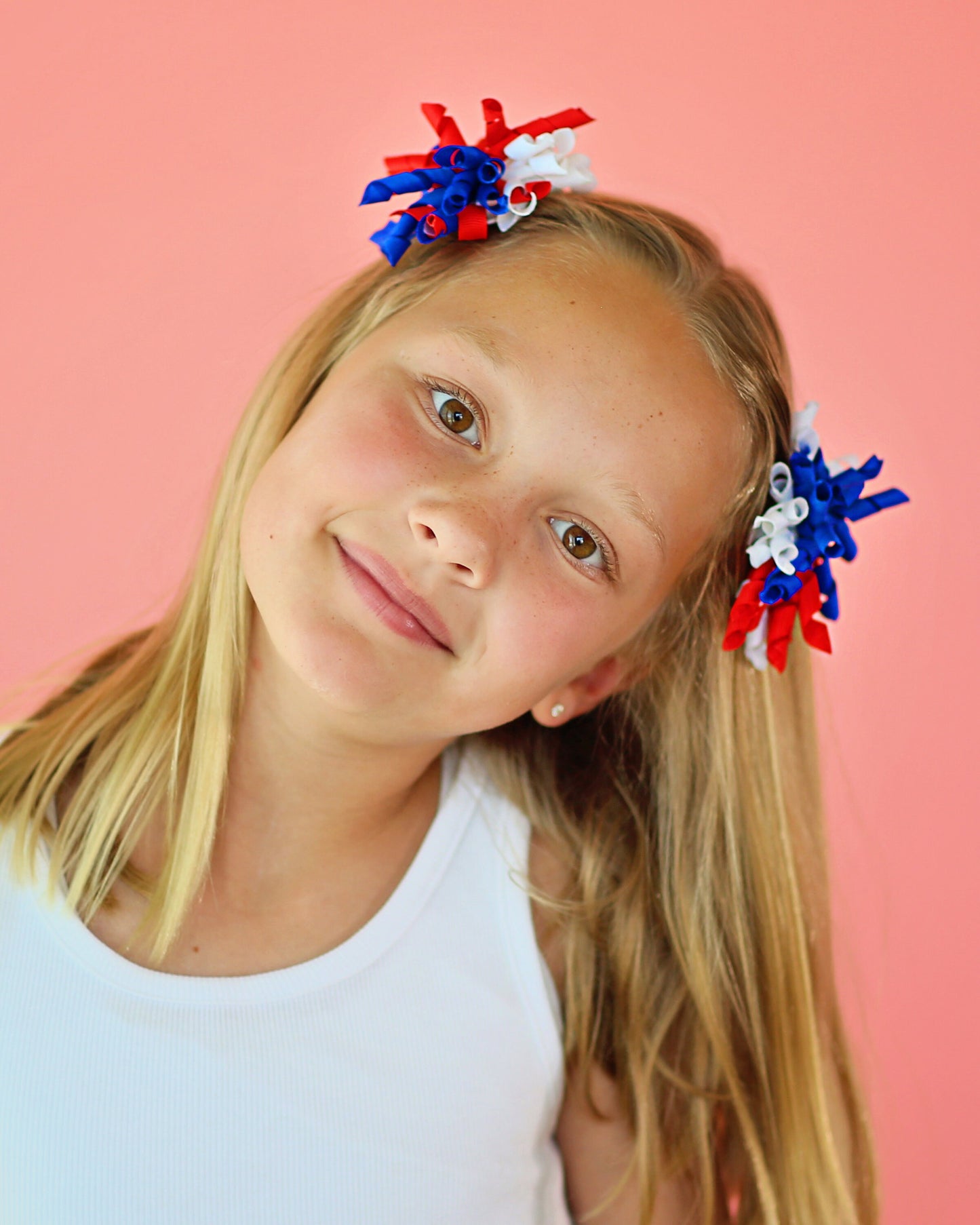 Pair of Americana Curly Ribbon Hair Clips- hair bows, school bows, curly ribbon, red white blue bows, pair of bows, hair clips, hair ribbon
