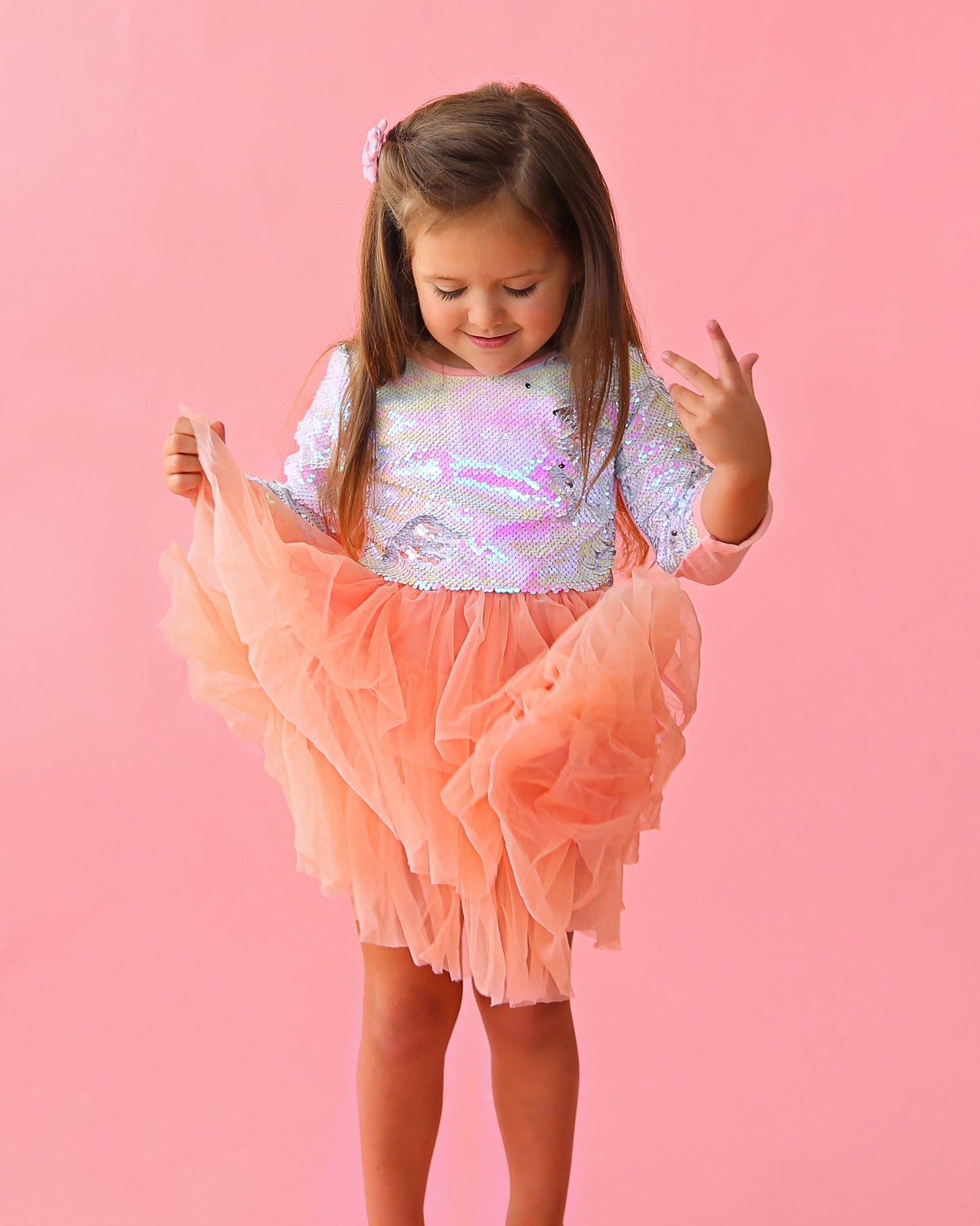 3/4 Sleeve Sequin Tutu Dress in Peach and White