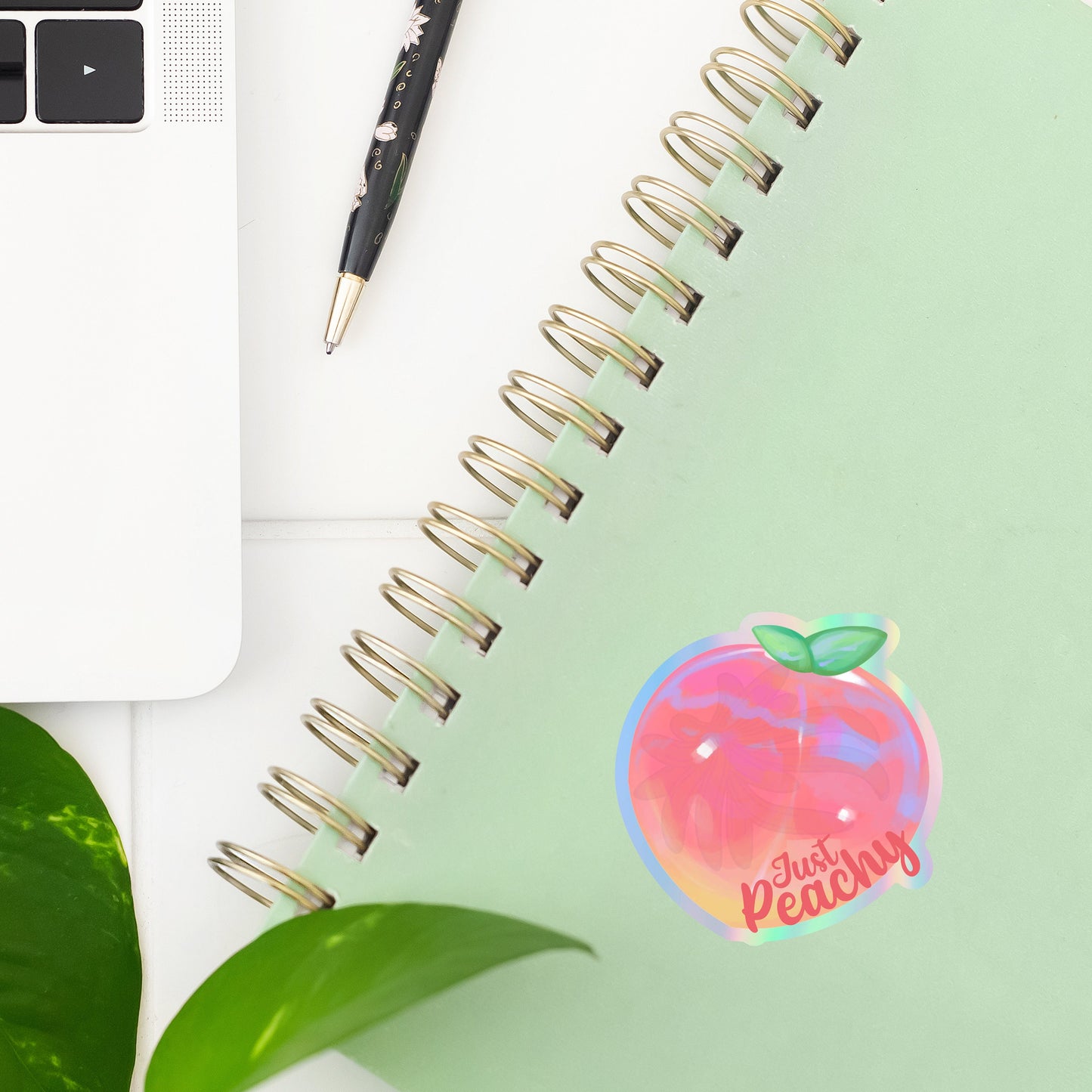 Holographic Just Peachy Sticker- Tumbler sticker, decal, laptop sticker, water bottle sticker, sticker, waterproof, vinyl, aesthetic sticker