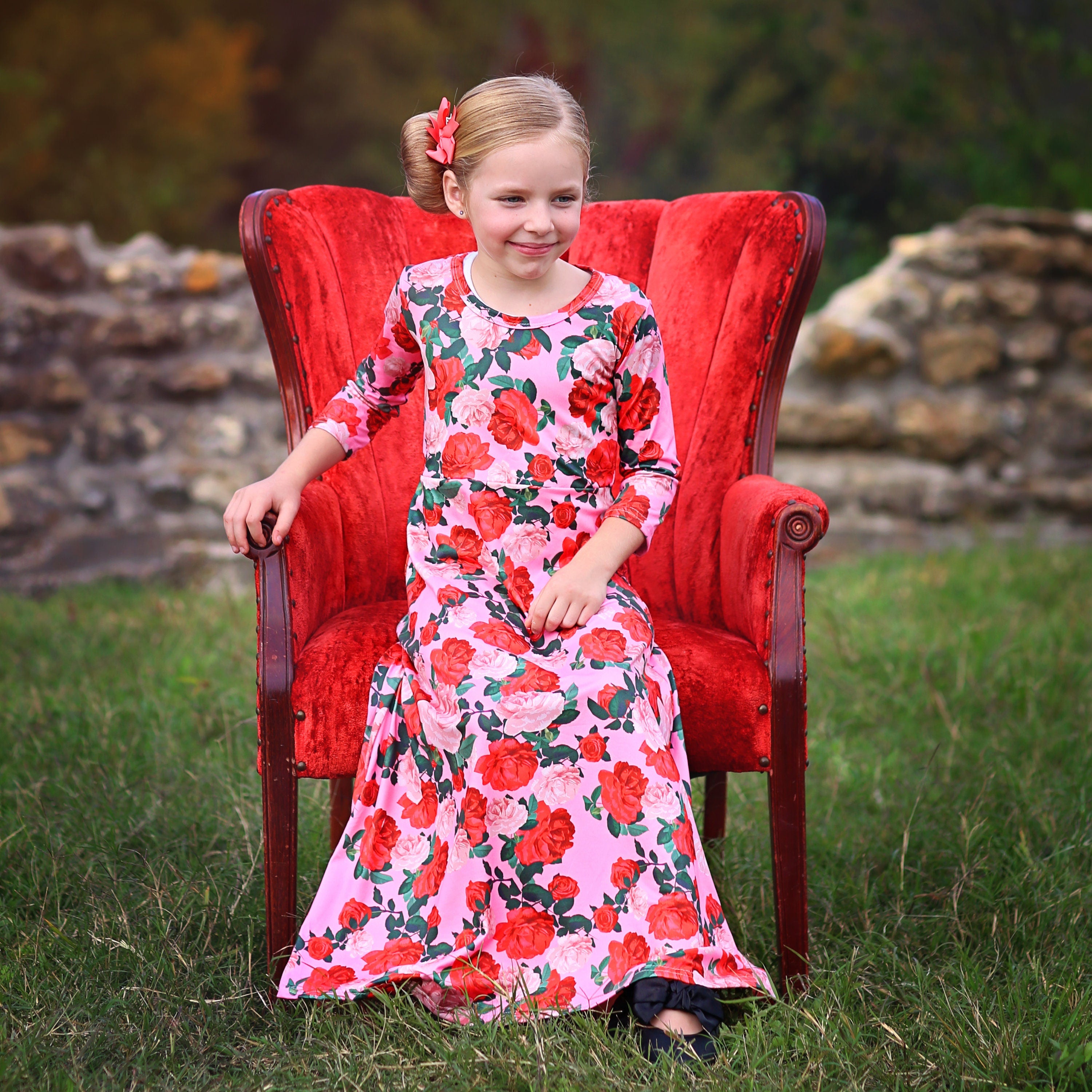 Girls Red and Pink Roses Maxi Dress- Maxi Dress, Gift for her, school Girls Red and Pink Roses Maxi Dress- Maxi Dress, Gift for her, school