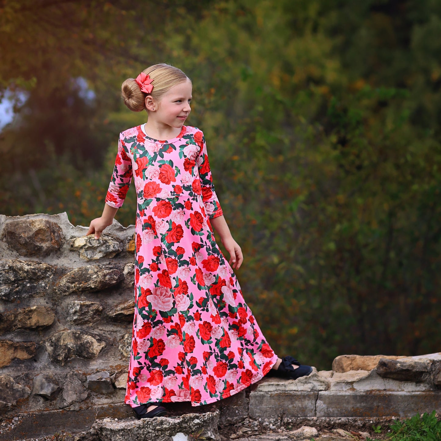Girls Red and Pink Roses Maxi Dress- Maxi Dress, Gift for her, school dress, church dress, birthday gift, girl dress, casual dress, long