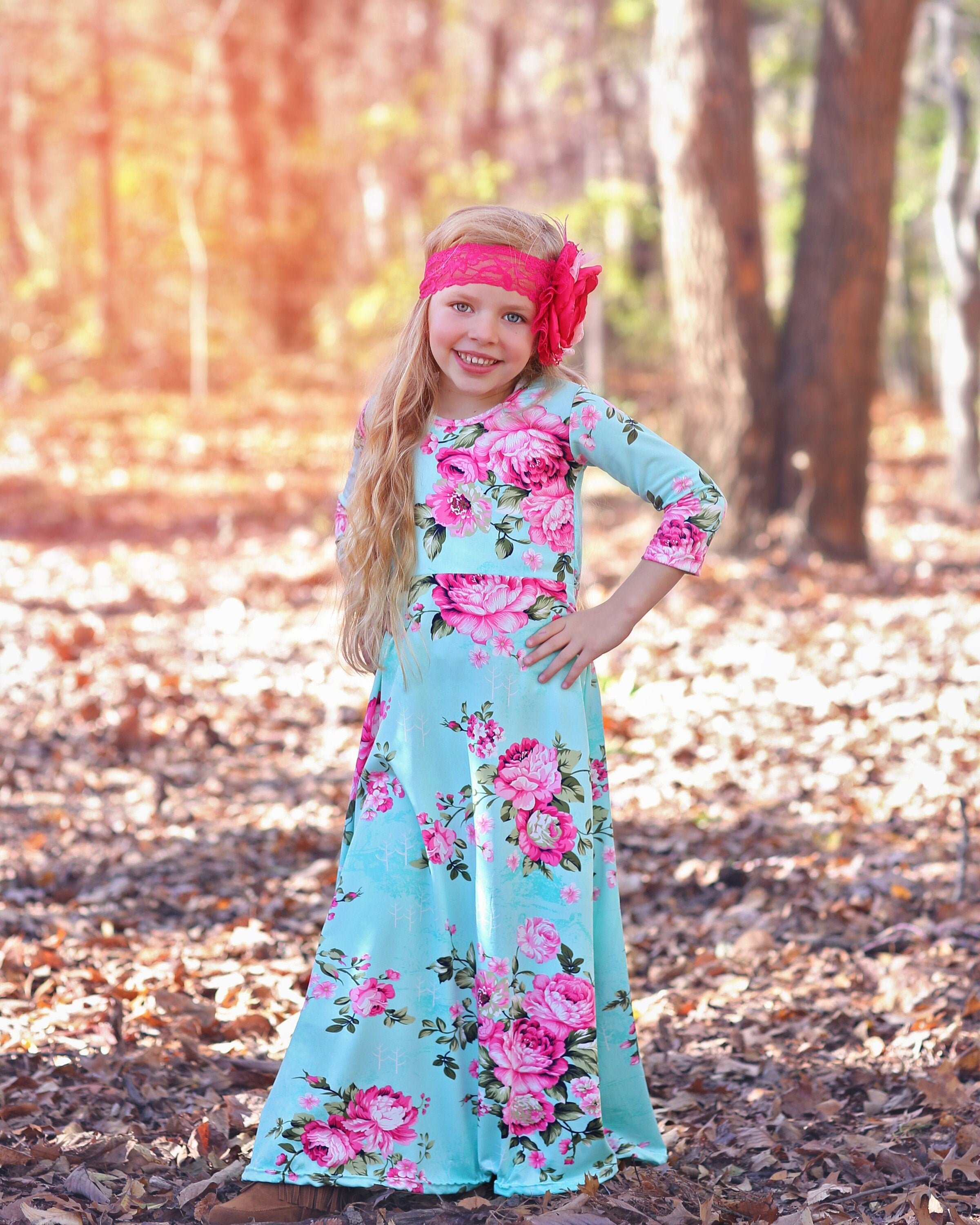Girls Aqua Flower Maxi Dress- Maxi Dress, Gift for her, school dress, Girls Aqua Flower Maxi Dress- Maxi Dress, Gift for her, school dress,