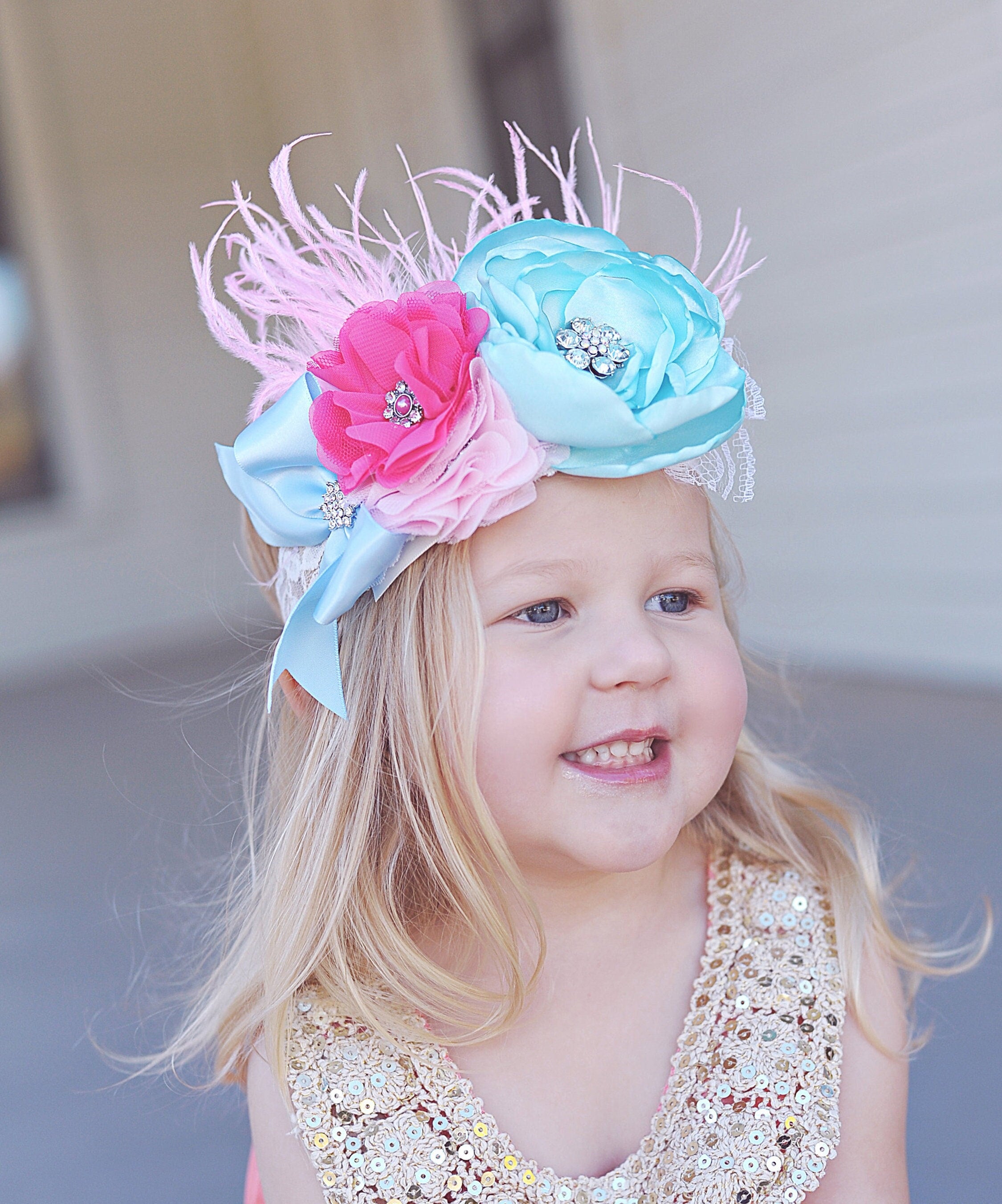 Blue Flower and Feather Headband- Flower Headband, Flower  display picture 3