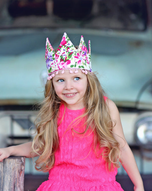 Dress Up Crown - Sequin Crown - Birthday Crown - Hot Pink and Purple Floral Pom Pom Crown Reverse Hot Pink Polka Dots - Fits all