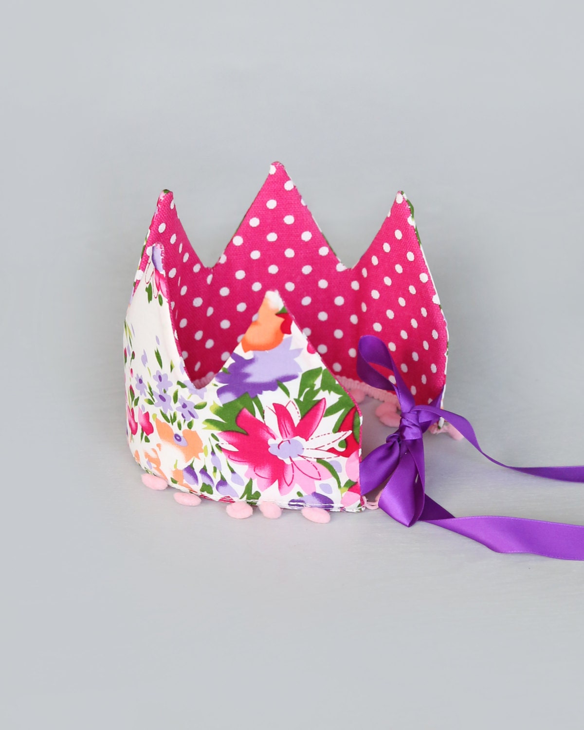 Dress Up Crown - Sequin Crown - Birthday Crown - Hot Pink and Purple Floral Pom Pom Crown Reverse Hot Pink Polka Dots - Fits all