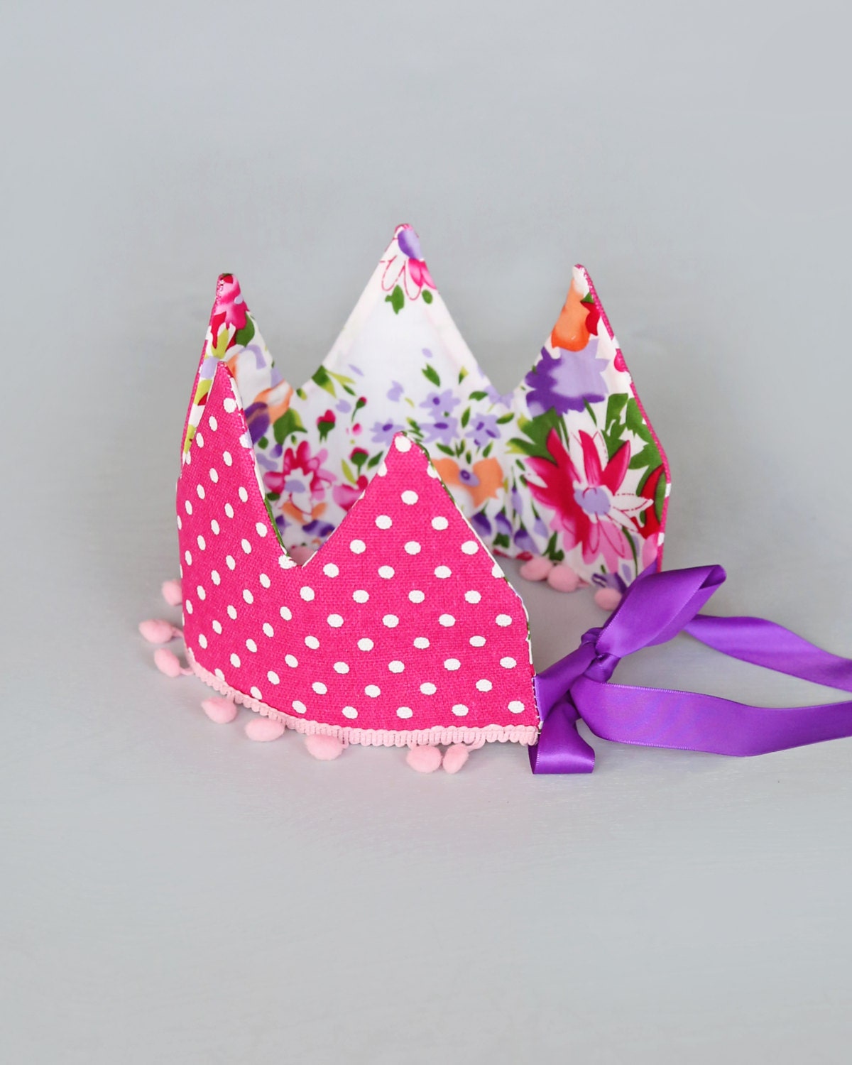 Dress Up Crown - Sequin Crown - Birthday Crown - Hot Pink and Purple Floral Pom Pom Crown Reverse Hot Pink Polka Dots - Fits all