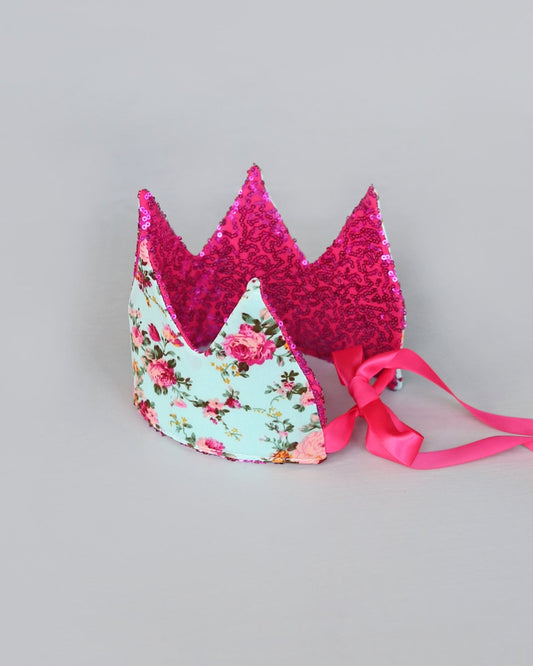 Dress Up Crown - Sequin Crown - Birthday Crown - Hot Pink Sequins Crown Reverse Aqua and Roses - Fits all