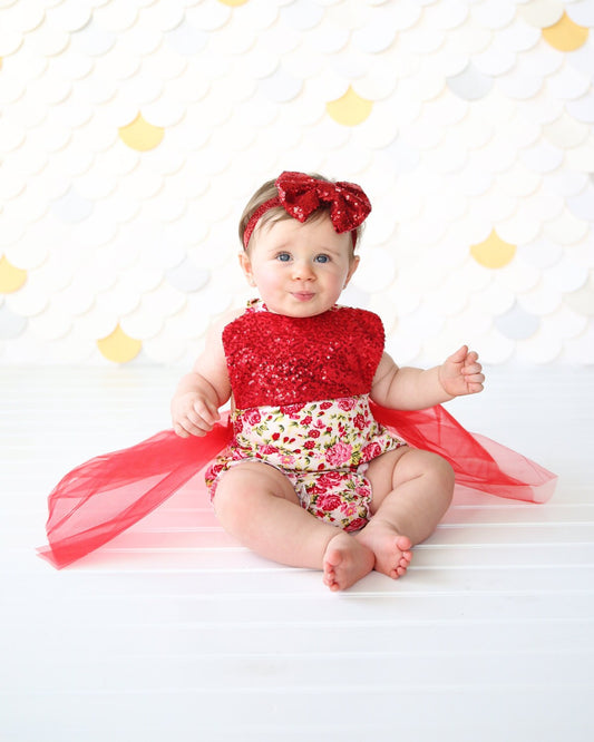 Romper - Tulle skirted, Skirted, Sequin Top Romper - Sequin Romper - Princess Romper - Birthday Romper - Photoshoot - Red Flower Romper