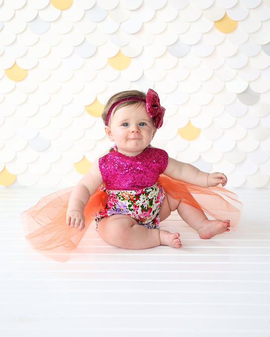 Romper - Tulle skirted, Skirted, Sequin Top Romper - Sequin Romper - Princess Romper - Birthday Romper - Photoshoot - Hot Pink Flower Romper