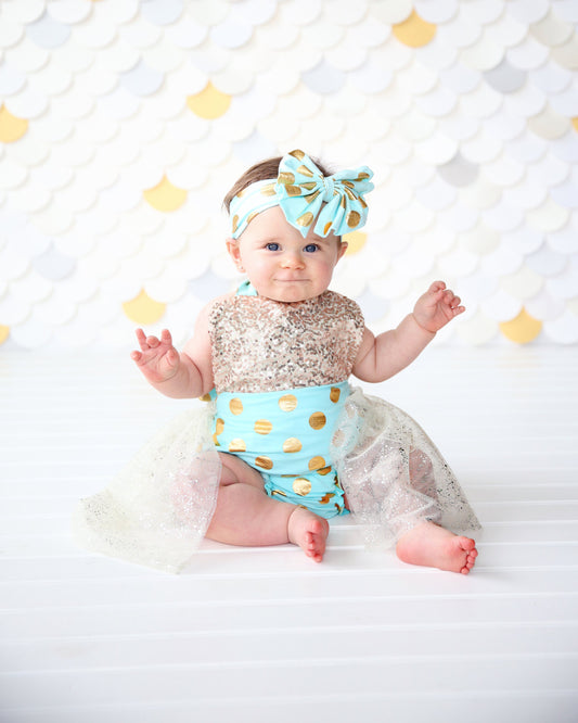 Romper - Tulle skirted, Skirted, Sequin Top Romper - Sequin Romper - Princess Romper - Birthday Romper - Photoshoot - Aqua and Gold Romper