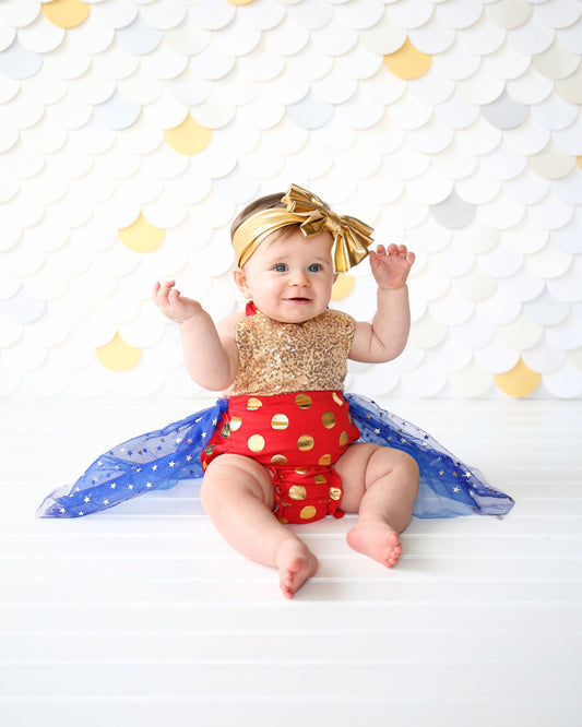 Romper - Tulle skirted, Skirted, Sequin Top Romper - Sequin Romper - Princess - Birthday Romper - Photoshoot - Red, Blue and Gold Romper