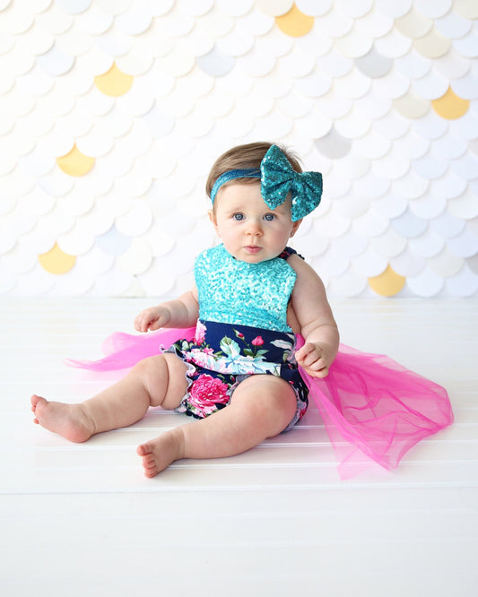 Romper - Tulle skirted, Skirted, Sequin Top Romper - Sequin Romper - Princess - Birthday Romper - Photoshoot - Hot Pink, Aqua, Navy Romper