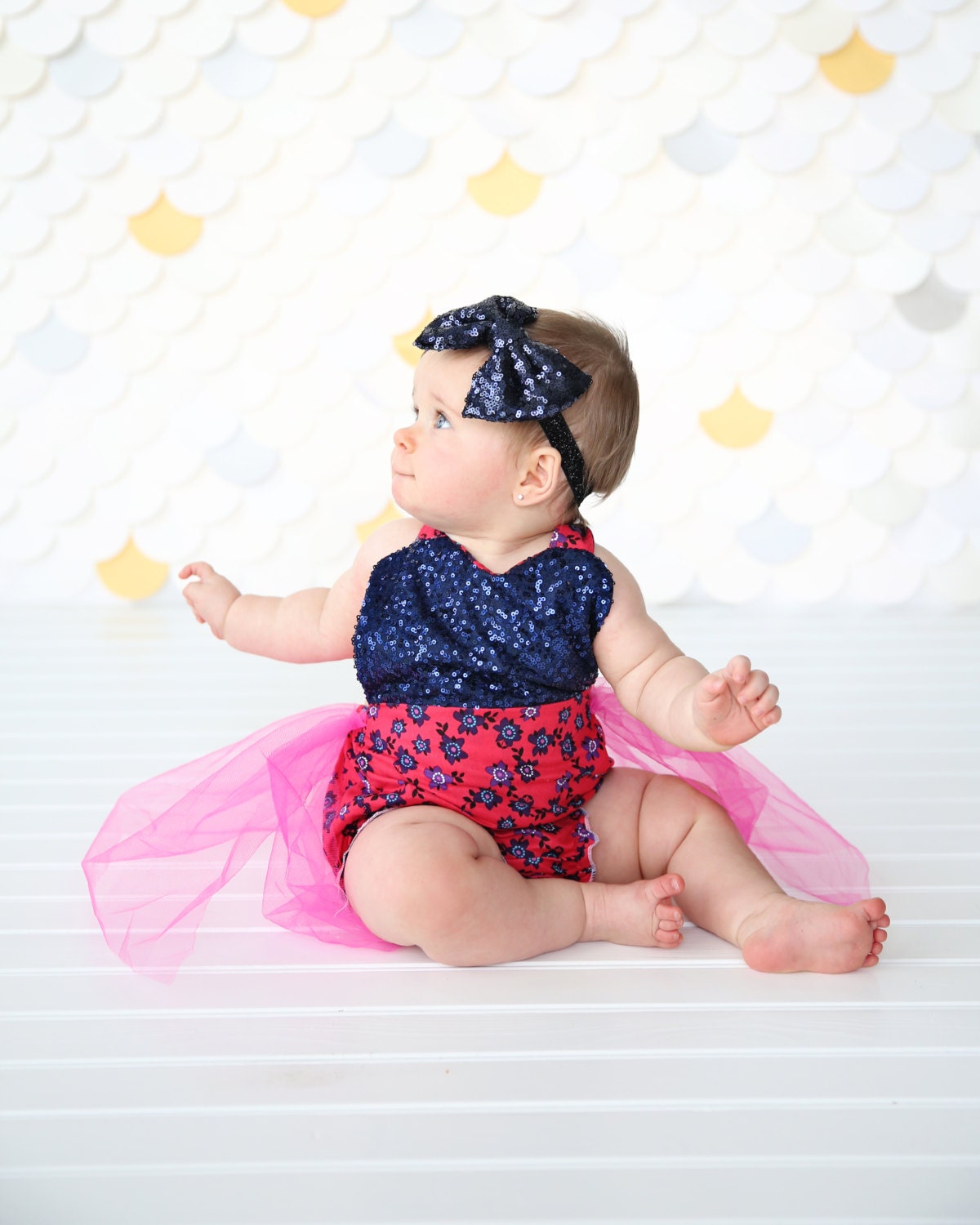 Romper - Tulle skirted, Skirted, Sequin Top Romper - Sequin Romper - Princess - Birthday Romper - Photoshoot - Hot Pink, Navy Flower Romper