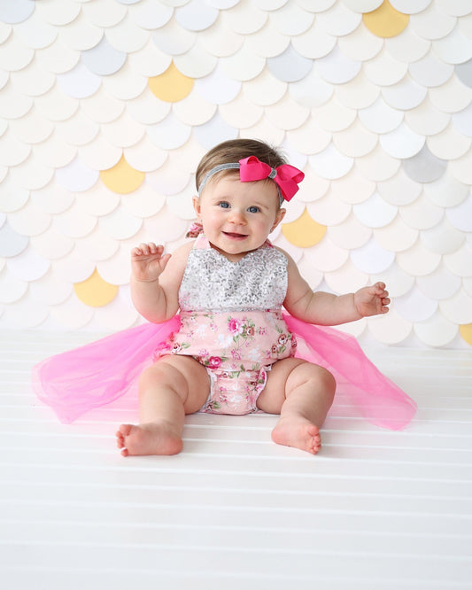 Romper - Tulle skirted, Skirted, Sequin Top Romper - Sequin Romper - Birthday Romper - Photoshoot - Pink and Silver Sequin Flower Romper