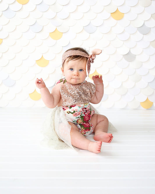 Romper - Tulle skirted, Skirted, Sequin Top Romper - Sequin Romper - Birthday Romper - Photoshoot - Rose Gold and Ivory Flower Romper